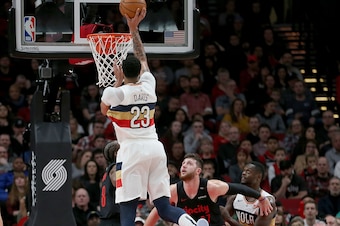 PORTLAND, OR - JANUARY 18: Anthony Davis #23 of the New Orleans Pelicans takes a shot in the first half against the Portland Trail Blazers during their game at Moda Center on January 18, 2019 in Portland, Oregon. NOTE TO USER: User expressly acknowledges 