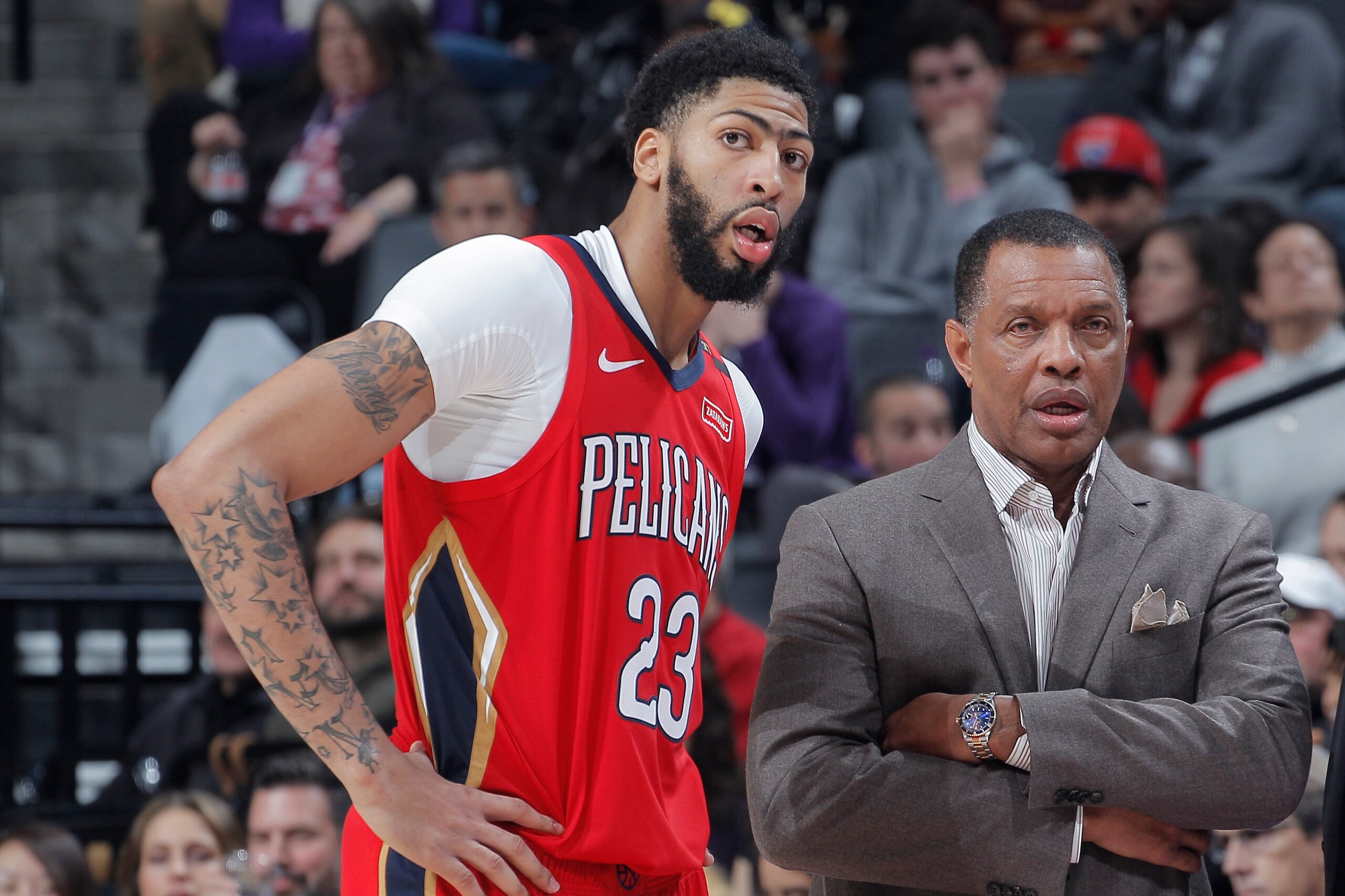 SACRAMENTO, CA - DECEMBER 23: Head coach Alvin Gentry of the New Orleans Pelicans coaches Anthony Davis #23 against the Sacramento Kings on December 23, 2018 at Golden 1 Center in Sacramento, California. NOTE TO USER: User expressly acknowledges and agree