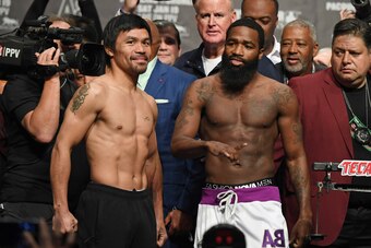 LAS VEGAS, NEVADA - JANUARY 18: WBA welterweight champion Manny Pacquiao (L) and Adrien Broner pose during their official weigh-in at MGM Grand Garden Arena on January 18, 2019 in Las Vegas, Nevada. Pacquiao will defend his title against Broner on Januar LAS VEGAS, NEVADA - JANUARY 18: WBA welterweight champion Manny Pacquiao (L) and Adrien Broner pose during their official weigh-in at MGM Grand Garden Arena on January 18, 2019 in Las Vegas, Nevada. Pacquiao will defend his title against Broner on Januar