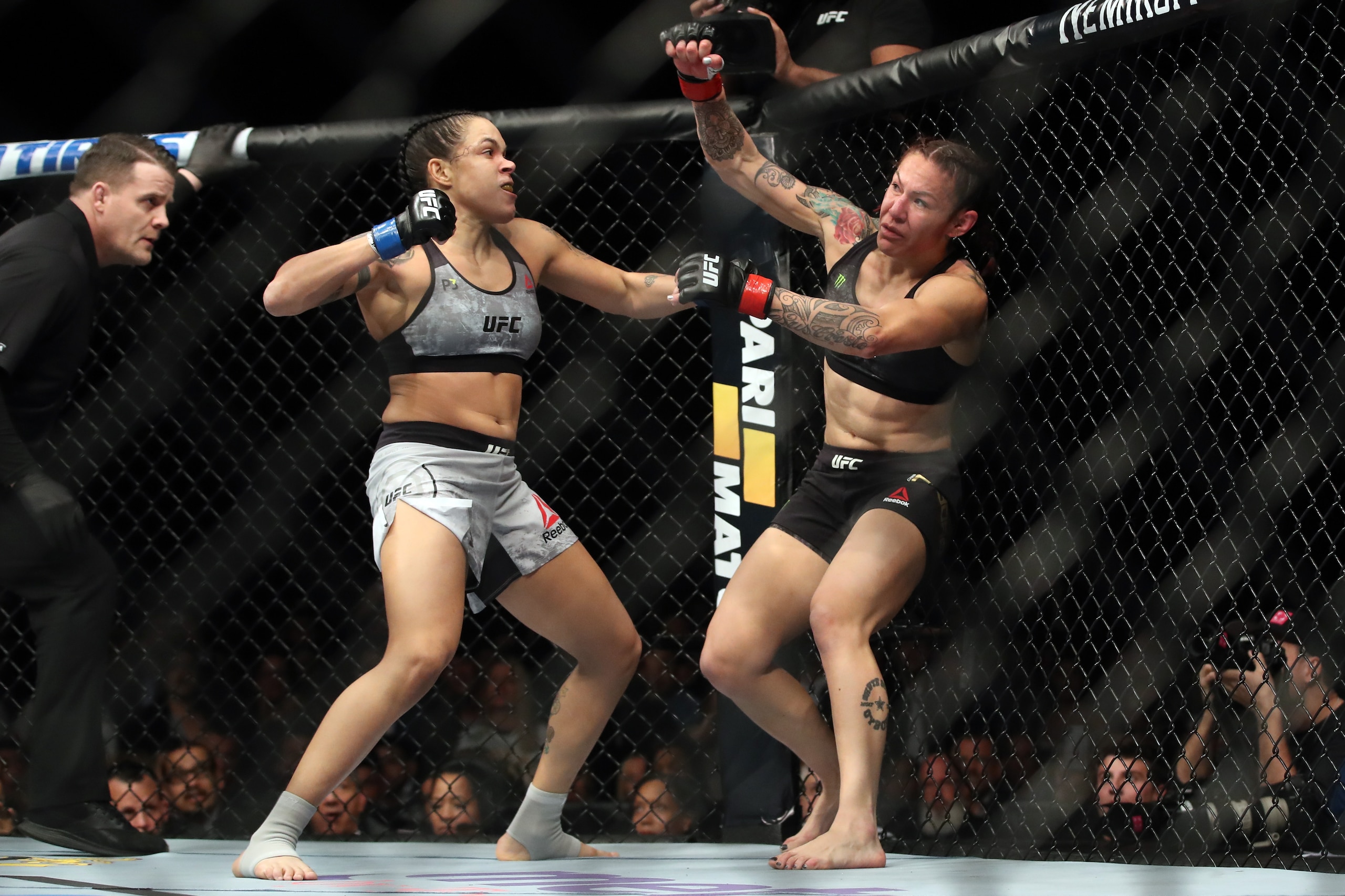 INGLEWOOD, CA - DECEMBER 29:  (L-R) Amanda Nunes of Brazil punches Cris Cyborg of Brazil in their women's featherweight bout during the UFC 232 event inside The Forum on December 29, 2018 in Inglewood, California. (Photo by Christian Petersen/Zuffa LLC/Zu