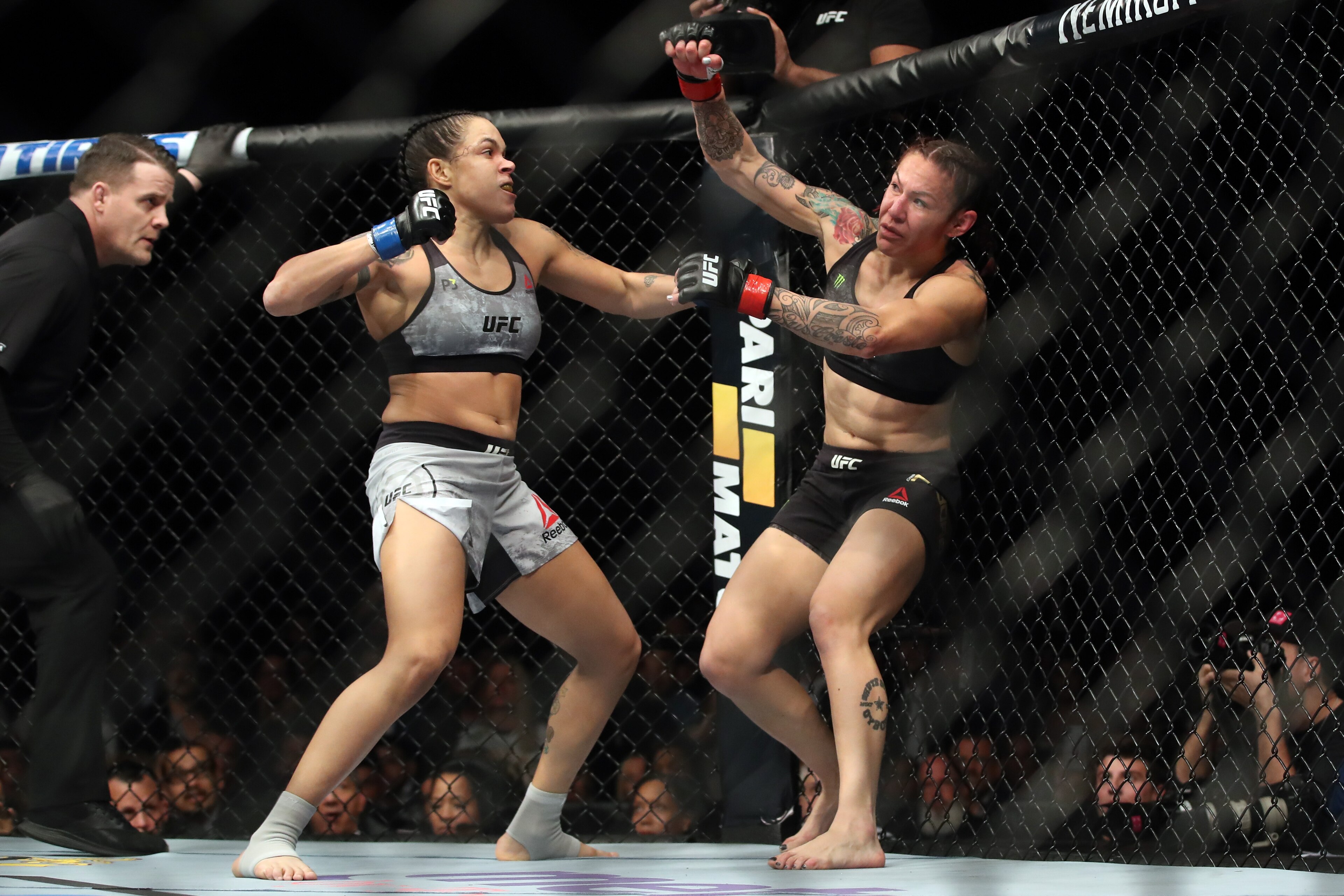 INGLEWOOD, CA - DECEMBER 29:  (L-R) Amanda Nunes of Brazil punches Cris Cyborg of Brazil in their women's featherweight bout during the UFC 232 event inside The Forum on December 29, 2018 in Inglewood, California. (Photo by Christian Petersen/Zuffa LLC/Zu