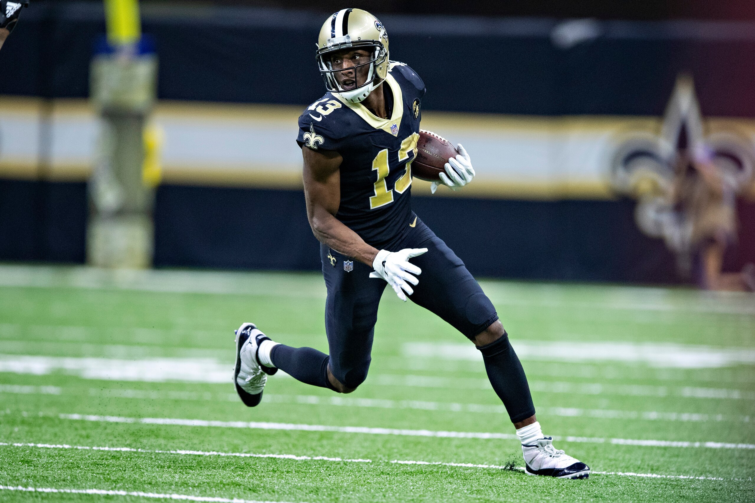 NEW ORLEANS, LA - NOVEMBER 4: Michael Thomas #13 of the New Orleans Saints runs the ball during a game against the Los Angeles Rams at Mercedes-Benz Superdome on November 4, 2018 in New Orleans, Louisiana. The Saints defeated the Rams 45-35. (Photo by NEW ORLEANS, LA - NOVEMBER 4: Michael Thomas #13 of the New Orleans Saints runs the ball during a game against the Los Angeles Rams at Mercedes-Benz Superdome on November 4, 2018 in New Orleans, Louisiana. The Saints defeated the Rams 45-35. (Photo by