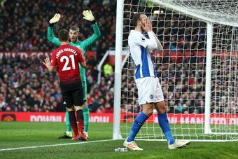MANCHESTER, ENGLAND - JANUARY 19:  Glenn Murray of Brighton and Hove Albion reacts after a missed chance during the Premier League match between Manchester United and Brighton & Hove Albion at Old Trafford on January 19, 2019 in Manchester, United Kingdom