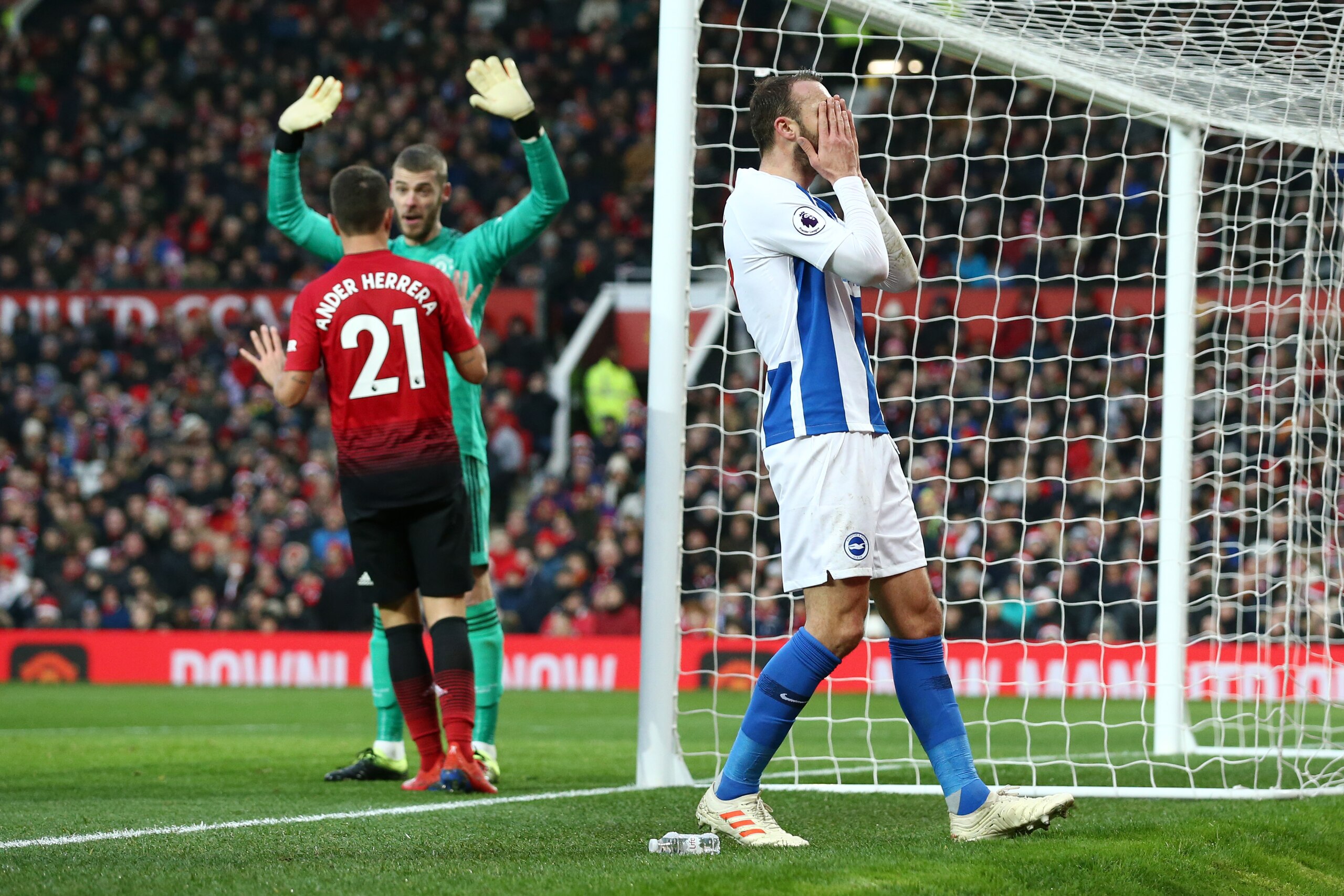 MANCHESTER, ENGLAND - JANUARY 19:  Glenn Murray of Brighton and Hove Albion reacts after a missed chance during the Premier League match between Manchester United and Brighton & Hove Albion at Old Trafford on January 19, 2019 in Manchester, United Kingdom