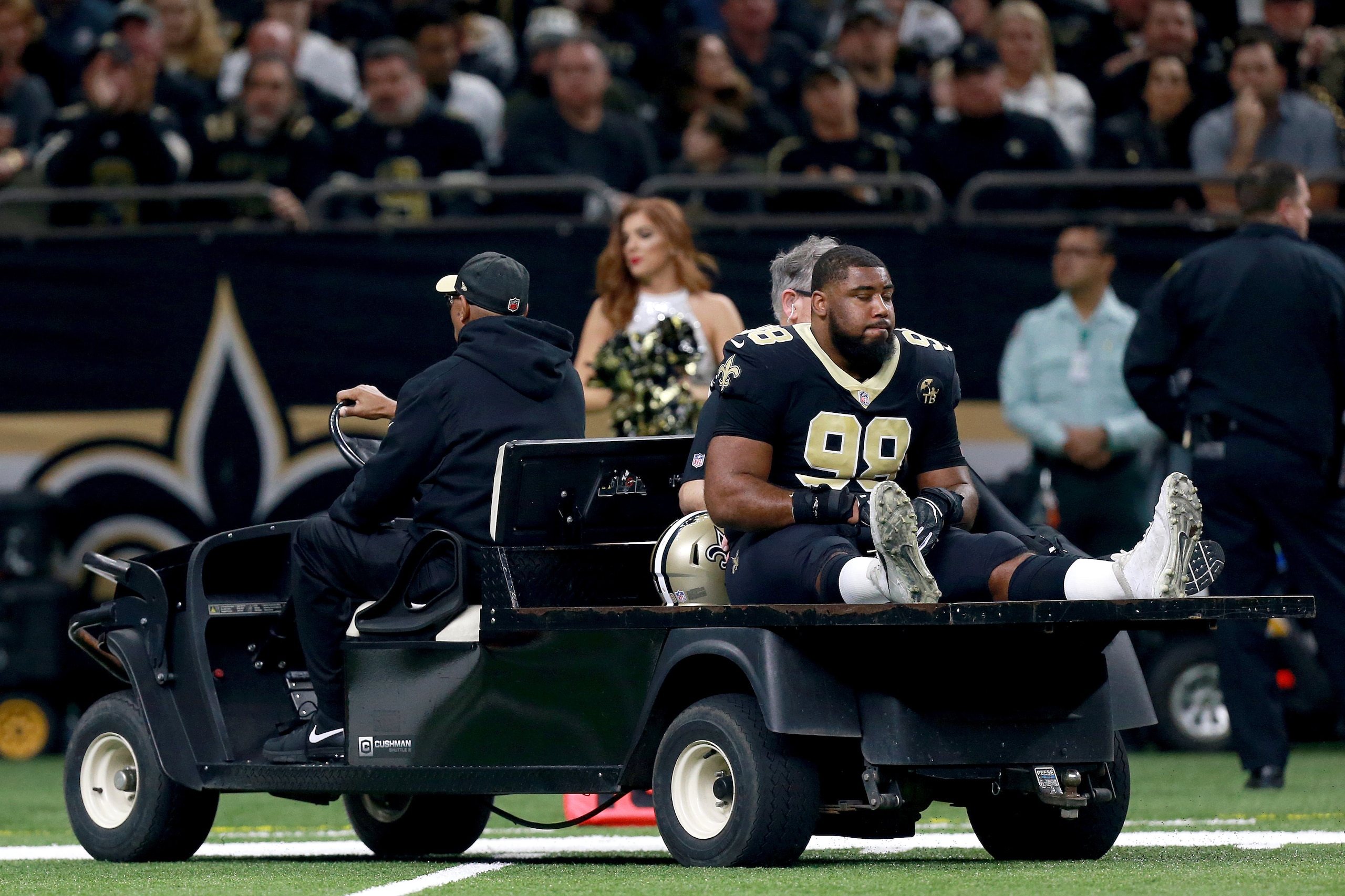 NEW ORLEANS, LOUISIANA - JANUARY 13:  Sheldon Rankins #98 of the New Orleans Saints is carted off the field after sustaining an injury during the first quarter against the Philadelphia Eagles in the NFC Divisional Playoff Game at Mercedes Benz Superdome o