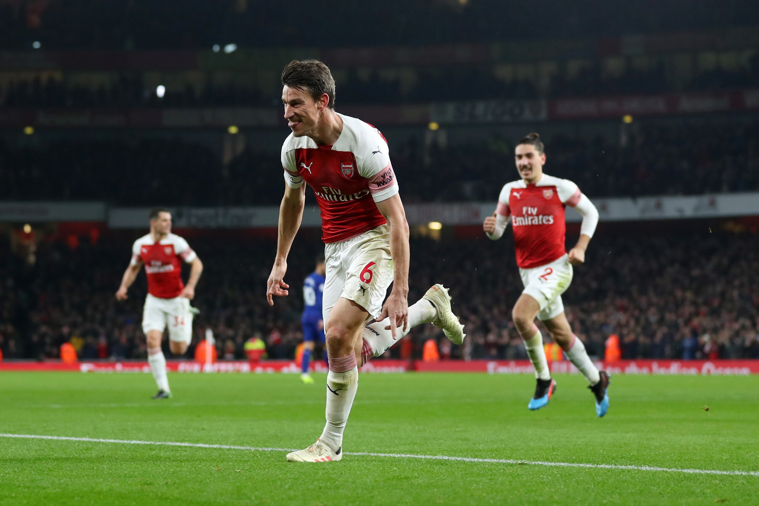LONDON, ENGLAND - JANUARY 19: Laurent Koscielny of Arsenal celebrates after he scores his teams second goal during the Premier League match between Arsenal FC and Chelsea FC at Emirates Stadium on January 19, 2019 in London, United Kingdom. (Photo by Cath