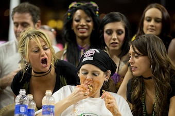PHILADELPHIA, PA - JANUARY 30: Molly Schuyler eats wings during Wing Bowl 23 on January 30, 2015 at the Wells Fargo Center in Philadelphia, Pennsylvania. (Photo by Mitchell Leff/Getty Images)