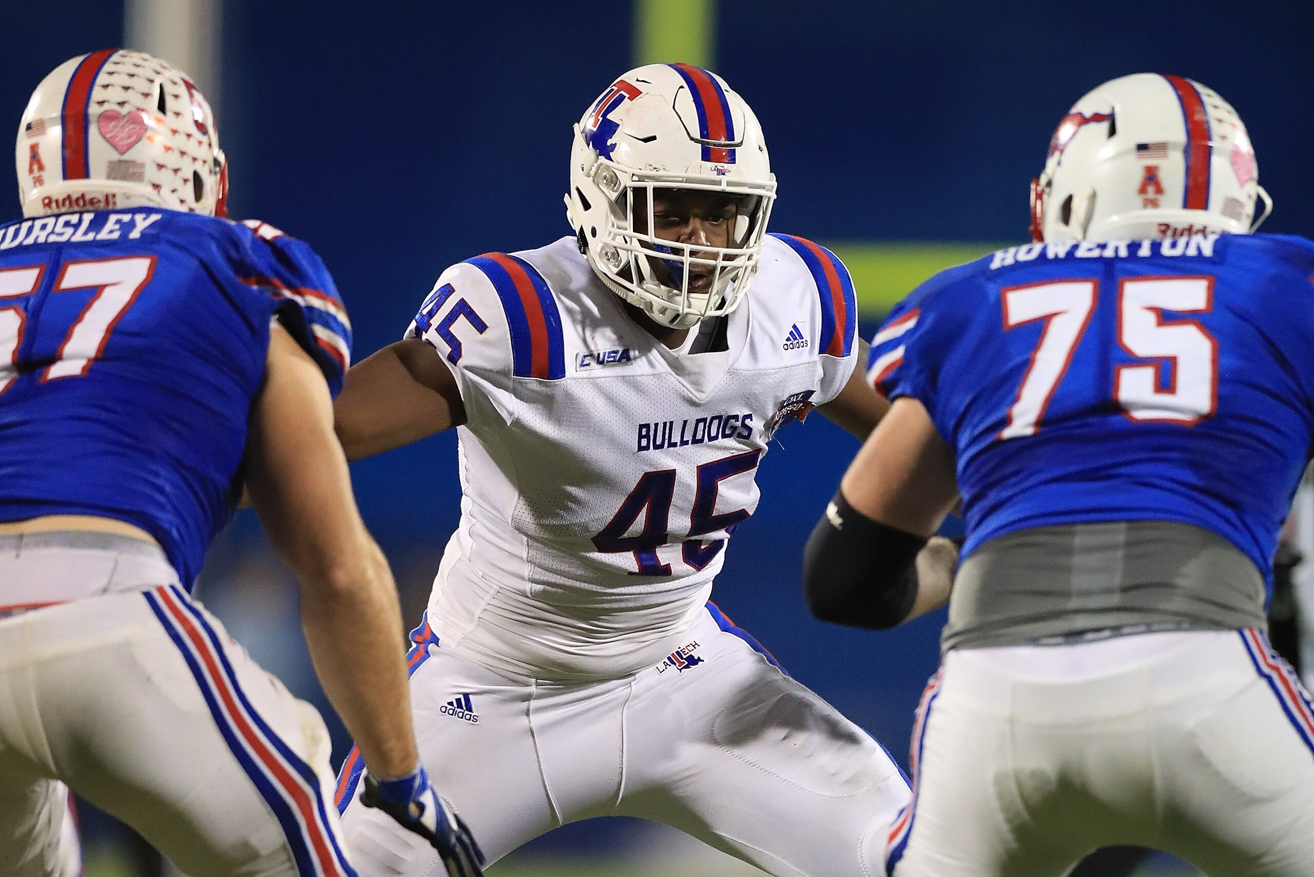 FRISCO, TX - DECEMBER 20:  Jaylon Ferguson #45 of the Louisiana Tech Bulldogs during the 2017 DXL Frisco Bowl on December 20, 2017 in Frisco, Texas.  (Photo by Ronald Martinez/Getty Images)
