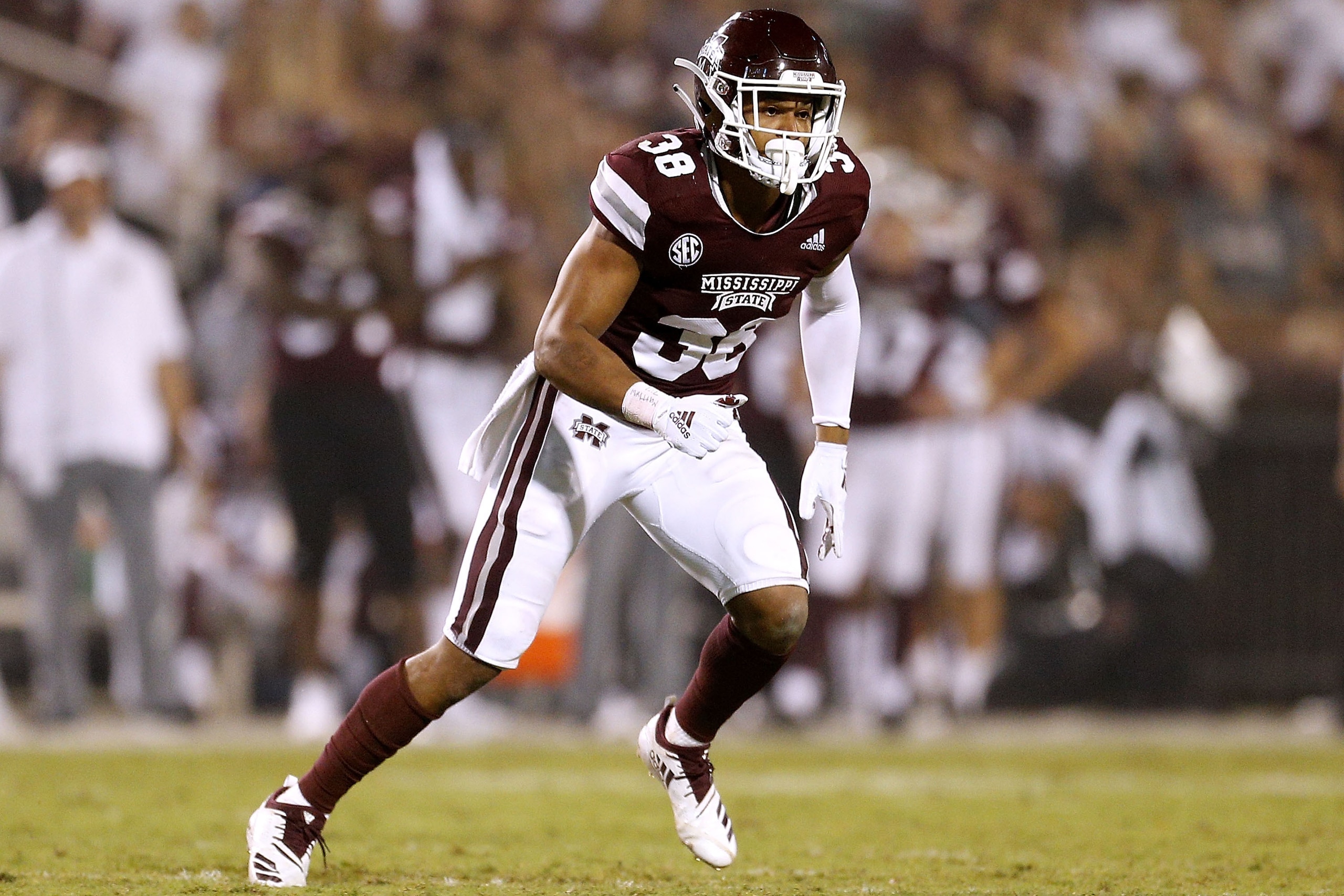 STARKVILLE, MS - SEPTEMBER 01:  Johnathan Abram #38 of the Mississippi State Bulldogs defends during a game against the Stephen F. Austin Lumberjacks at Davis Wade Stadium on September 1, 2018 in Starkville, Mississippi.  (Photo by Jonathan Bachman/Getty 