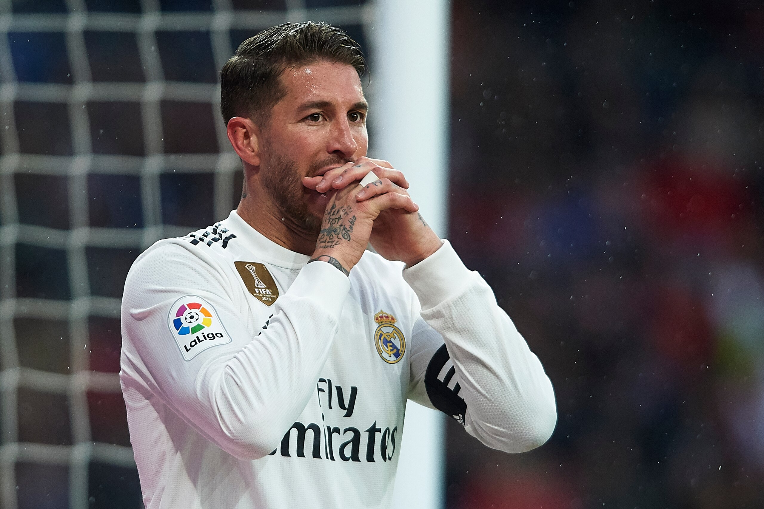 MADRID, SPAIN - JANUARY 19: Sergio Ramos of Real Madrid reacts during the La Liga match between Real Madrid CF and Sevilla FC at Estadio Santiago Bernabeu on January 19, 2019 in Madrid, Spain. (Photo by Quality Sport Images/Getty Images)