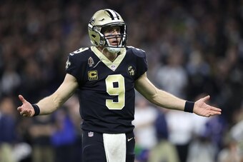 NEW ORLEANS, LOUISIANA - JANUARY 20: Drew Brees #9 of the New Orleans Saints reacts against the Los Angeles Rams during the fourth quarter in the NFC Championship game at the Mercedes-Benz Superdome on January 20, 2019 in New Orleans, Louisiana. (Photo by