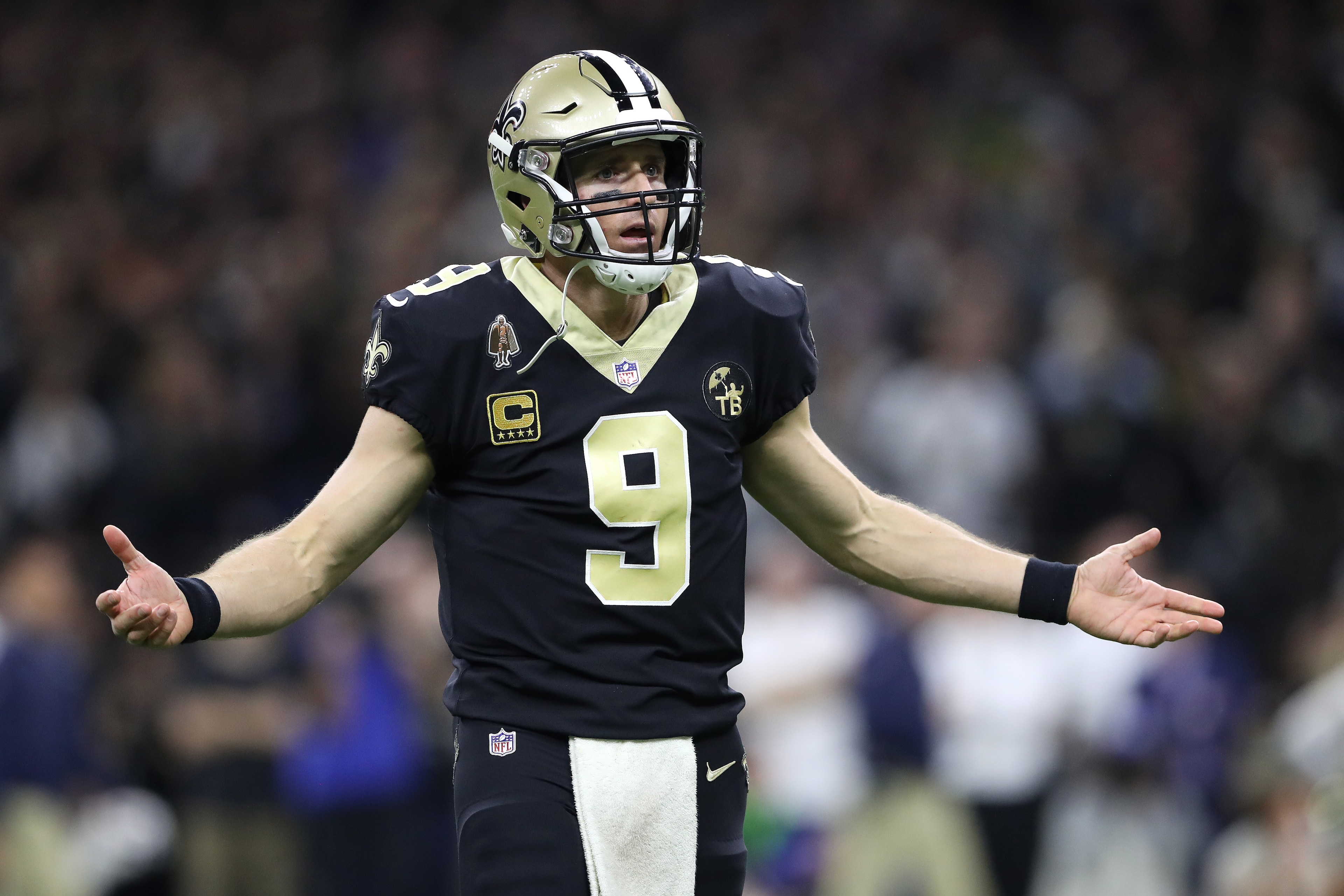 NEW ORLEANS, LOUISIANA - JANUARY 20: Drew Brees #9 of the New Orleans Saints reacts against the Los Angeles Rams during the fourth quarter in the NFC Championship game at the Mercedes-Benz Superdome on January 20, 2019 in New Orleans, Louisiana. (Photo by NEW ORLEANS, LOUISIANA - JANUARY 20: Drew Brees #9 of the New Orleans Saints reacts against the Los Angeles Rams during the fourth quarter in the NFC Championship game at the Mercedes-Benz Superdome on January 20, 2019 in New Orleans, Louisiana. (Photo by
