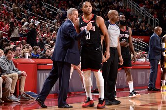HOUSTON, TX - JANUARY 19: Assistant Coach Jeff Bzdelik and Eric Gordon #10 of the Houston Rockets talk during the game against the Los Angeles Lakers on January 19, 2019 at the Toyota Center in Houston, Texas. NOTE TO USER: User expressly acknowledges and