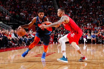 HOUSTON, TX - DECEMBER 25: Paul George #13 of the Oklahoma City Thunder handles the ball during the game against the Houston Rockets on December 25, 2018 at the Toyota Center in Houston, Texas. NOTE TO USER: User expressly acknowledges and agrees that, by