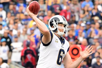 LOS ANGELES, CA - NOVEMBER 12:  Johnny Hekker #6 of the Los Angeles Rams throws a pass on the fourth down during the game against the Houston Texans at the Los Angeles Memorial Coliseum on November 12, 2017 in Los Angeles, California.  (Photo by Harry How
