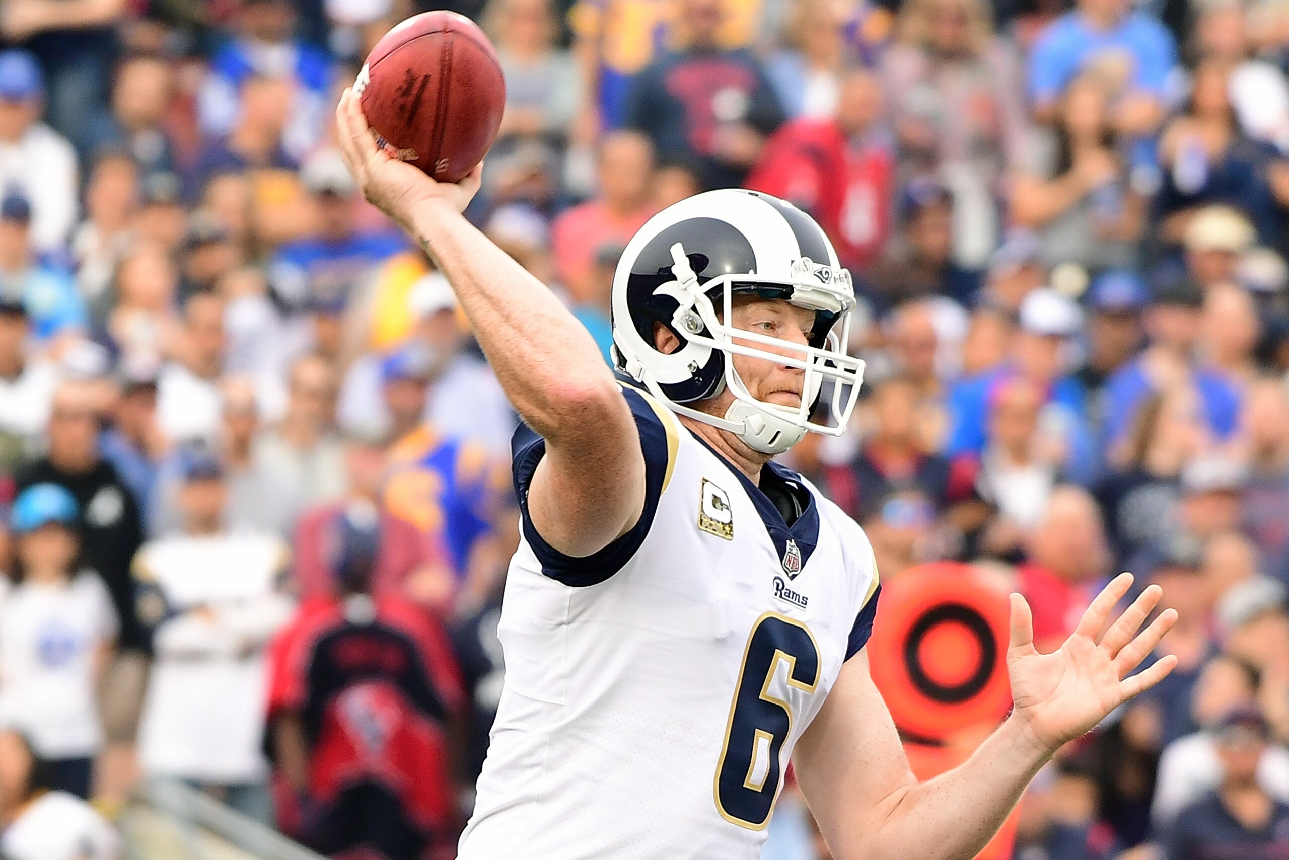 LOS ANGELES, CA - NOVEMBER 12:  Johnny Hekker #6 of the Los Angeles Rams throws a pass on the fourth down during the game against the Houston Texans at the Los Angeles Memorial Coliseum on November 12, 2017 in Los Angeles, California.  (Photo by Harry How