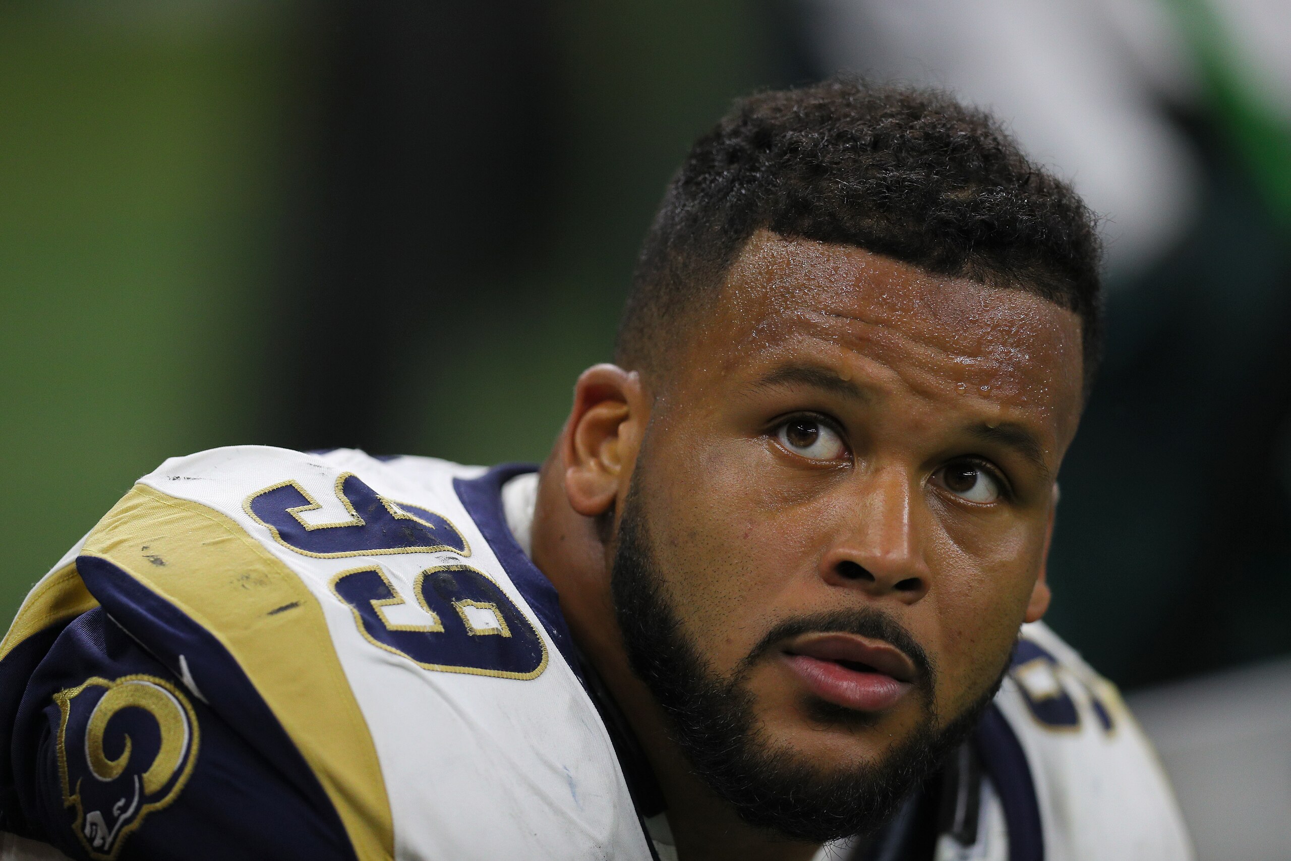 NEW ORLEANS, LOUISIANA - JANUARY 20: Aaron Donald #99 of the Los Angeles Rams looks on against the New Orleans Saints during the third quarter in the NFC Championship game at the Mercedes-Benz Superdome on January 20, 2019 in New Orleans, Louisiana. (Phot