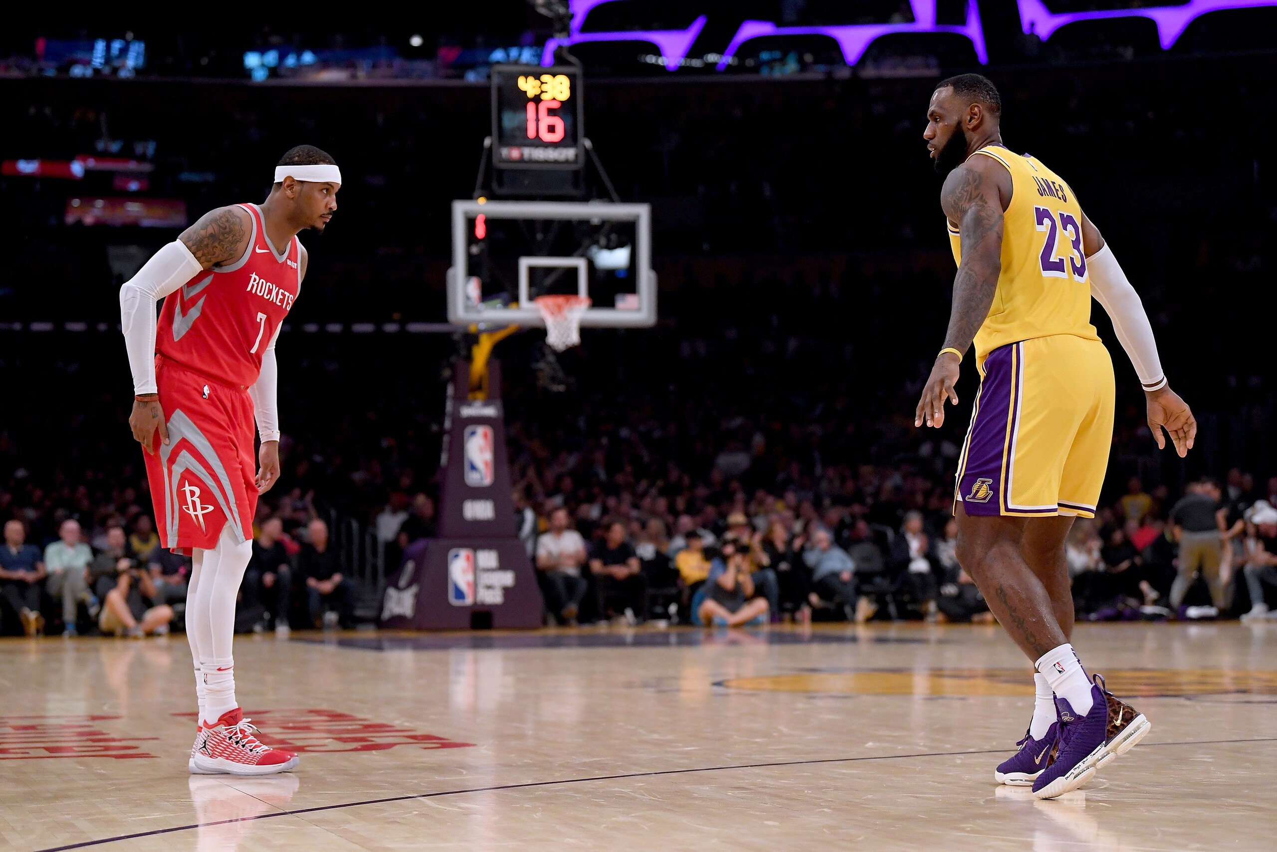 LOS ANGELES, CA - OCTOBER 20: LeBron James #23 of the Los Angeles Lakers guards Carmelo Anthony #7 of the Houston Rockets during the second quarter at Staples Center on October 20, 2018 in Los Angeles, California. (Photo by Harry How/Getty Images) LOS ANGELES, CA - OCTOBER 20: LeBron James #23 of the Los Angeles Lakers guards Carmelo Anthony #7 of the Houston Rockets during the second quarter at Staples Center on October 20, 2018 in Los Angeles, California. (Photo by Harry How/Getty Images)