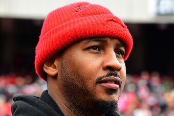 ATHENS, GA - NOVEMBER 24: NBA free agent Carmelo Anthony watches play from the sidelines between the Georgia Bulldogs and the Georgia Tech Yellow Jackets on November 24, 2018 at Sanford Stadium in Athens, Georgia. (Photo by Scott Cunningham/Getty Images)