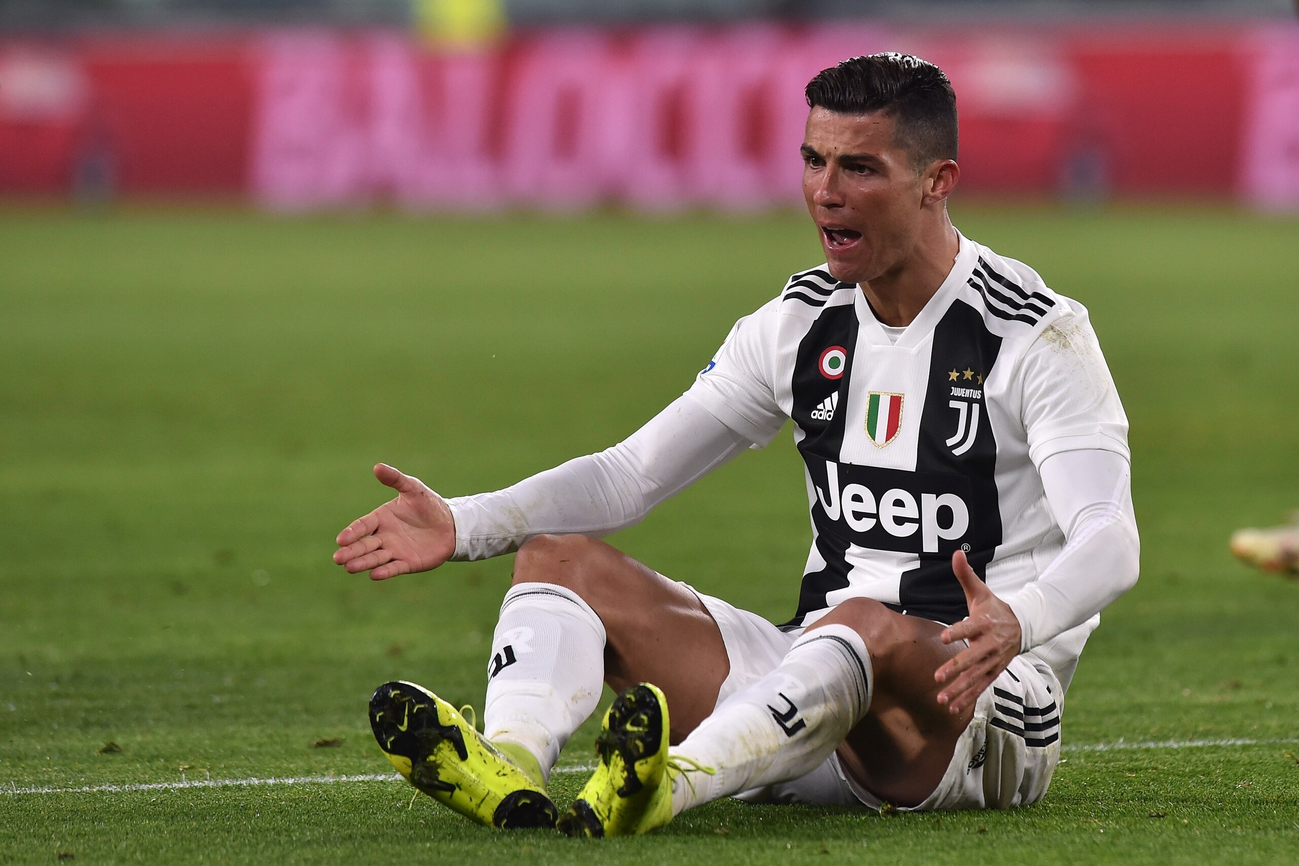 TURIN, ITALY - JANUARY 21:  Cristiano Ronaldo of Juventus lies on the pitch during the Serie A match between Juventus and Chievo at Allianz Stadium on January 21, 2019 in Turin, Italy.  (Photo by Tullio M. Puglia/Getty Images)