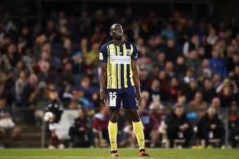 SYDNEY, AUSTRALIA - OCTOBER 12:  Usain Bolt of the Mariners looks on during the pre-season friendly match between the Central Coast Mariners and Macarthur South West United at Campbelltown Sports Stadium on October 12, 2018 in Sydney, Australia.  (Photo b