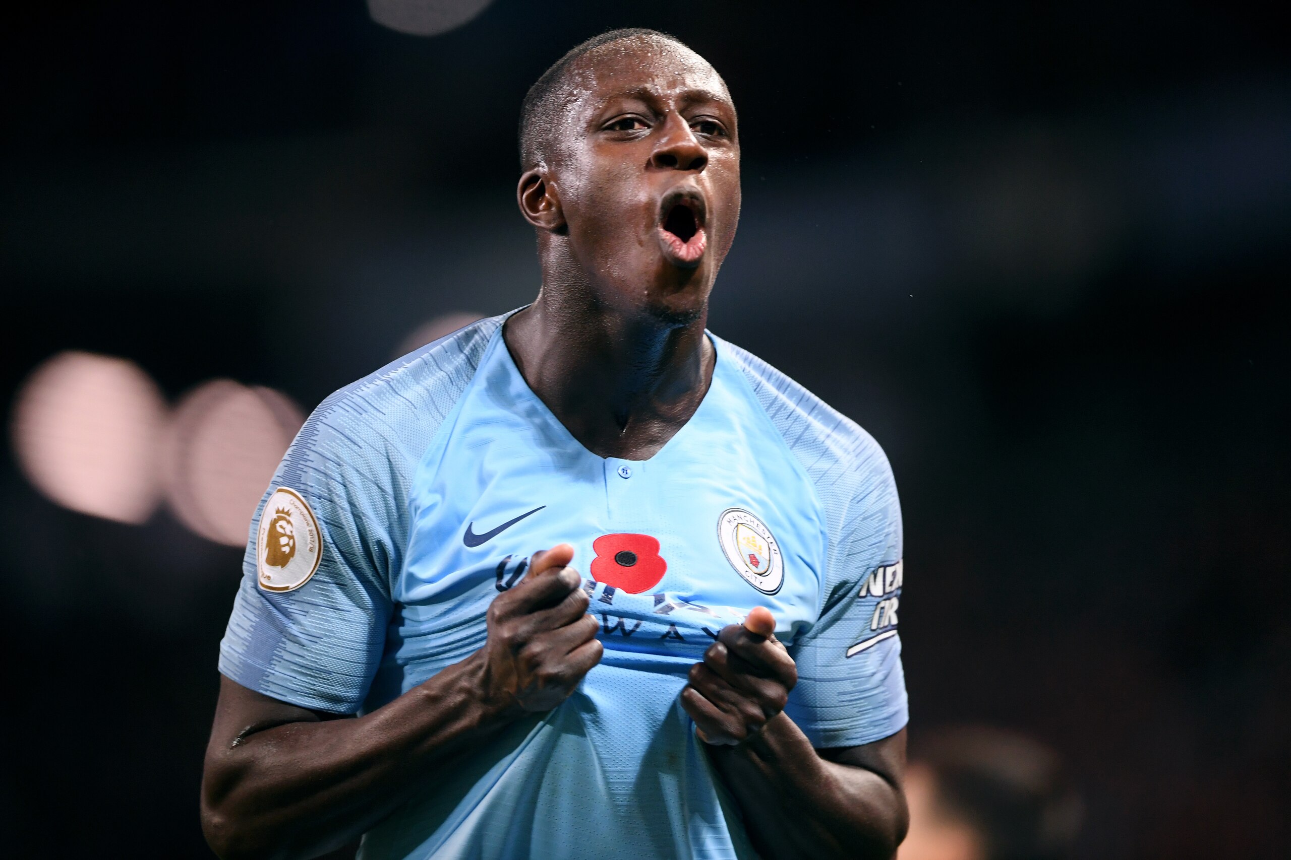 MANCHESTER, ENGLAND - NOVEMBER 11: Benjamin Mendy of Manchester City celebrates victory after the Premier League match between Manchester City and Manchester United at Etihad Stadium on November 11, 2018 in Manchester, United Kingdom. (Photo by Laurence MANCHESTER, ENGLAND - NOVEMBER 11: Benjamin Mendy of Manchester City celebrates victory after the Premier League match between Manchester City and Manchester United at Etihad Stadium on November 11, 2018 in Manchester, United Kingdom. (Photo by Laurence
