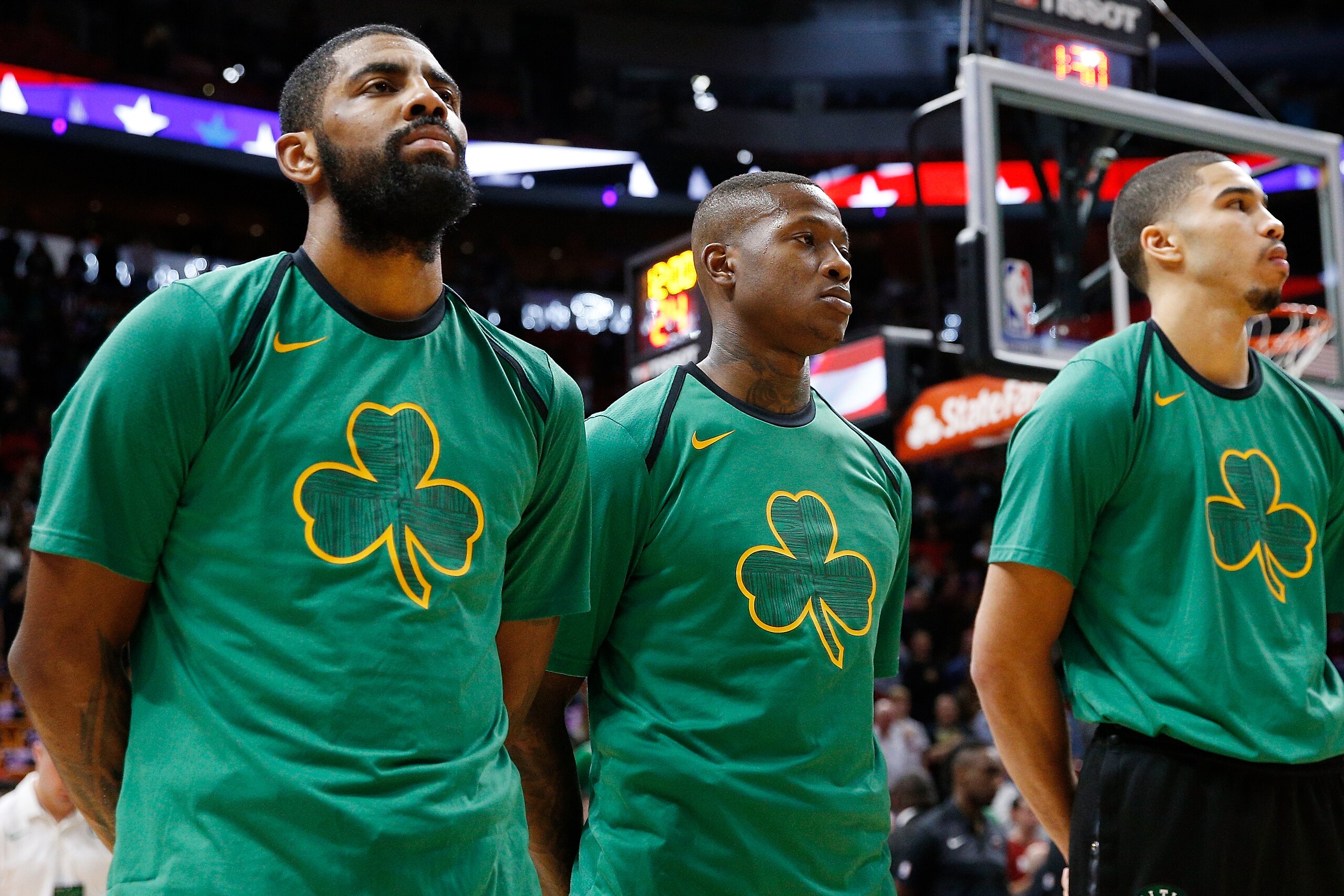 MIAMI, FL - JANUARY 10: Kyrie Irving #11, Terry Rozier #12 and Jayson Tatum #0 of the Boston Celtics prior to the game against the Miami Heat at American Airlines Arena on January 10, 2019 in Miami, Florida. NOTE TO USER: User expressly acknowledges and MIAMI, FL - JANUARY 10: Kyrie Irving #11, Terry Rozier #12 and Jayson Tatum #0 of the Boston Celtics prior to the game against the Miami Heat at American Airlines Arena on January 10, 2019 in Miami, Florida. NOTE TO USER: User expressly acknowledges and