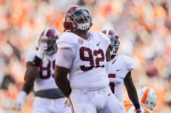 KNOXVILLE, TN - OCTOBER 20: Quinnen Williams #92 of the Alabama Crimson Tide reacts to a play during the first half of the game between the Alabama Crimson Tide and the Tennessee Volunteers at Neyland Stadium on October 20, 2018 in Knoxville, Tennessee. A
