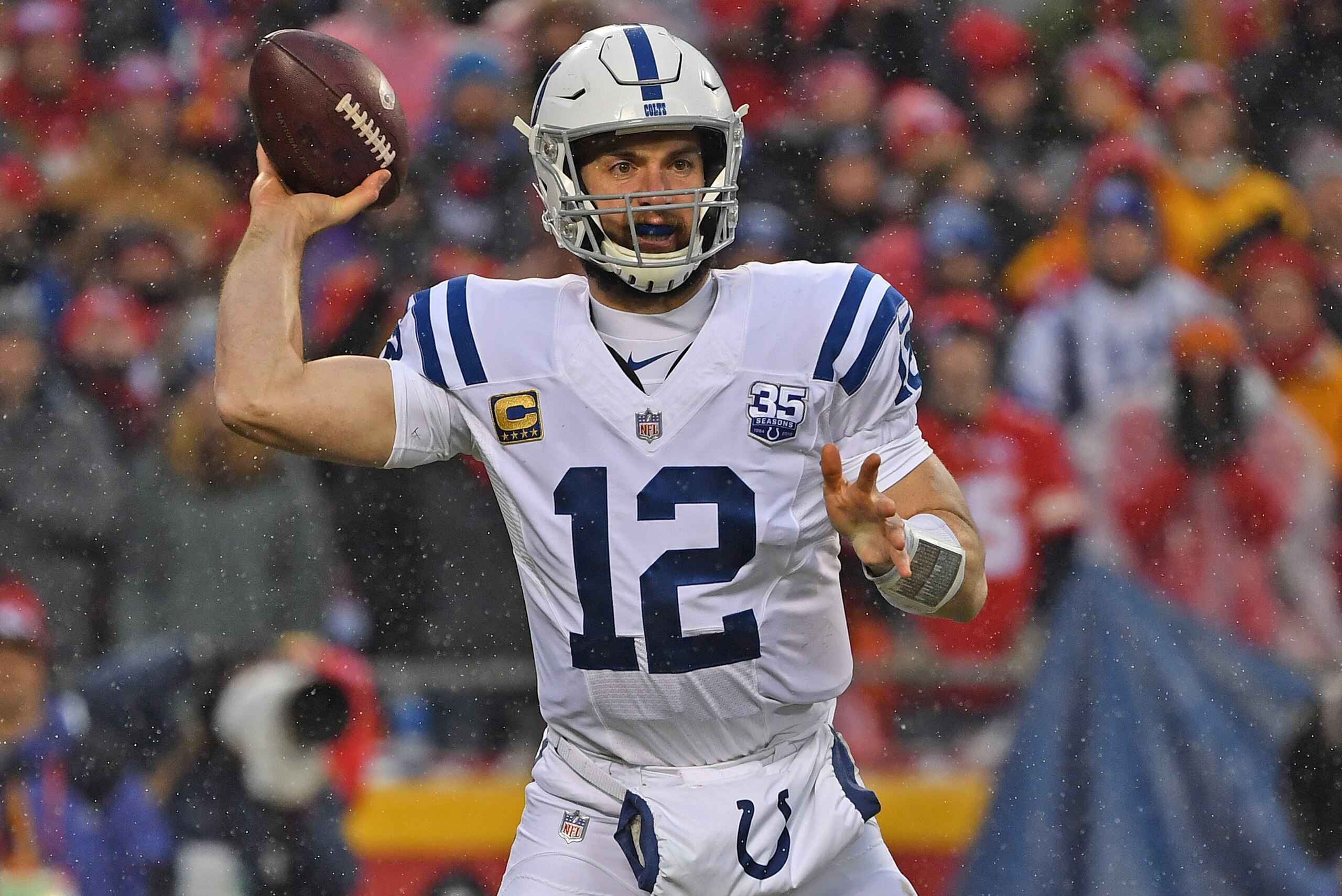 KANSAS CITY, MO - JANUARY 12: Quarterback Andrew Luck #12 of the Indianapolis Colts throws a pass during the first half of the AFC Divisional Round playoff game against the Kansas City Chiefs at Arrowhead Stadium on January 12, 2019 in Kansas City, Missou