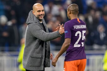 (L-R) coach Pep Guardiola of Manchester City, Fernandinho Luiz Roza of Manchester City during the UEFA Champions League group F match between Olympique Lyonnais and Manchester City at Stade de Lyon on November 27, 2018 in Decines, France(Photo by VI Image