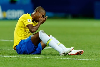 KAZAN, RUSSIA - JULY 06: Fernandinho of Brazil lays on the ground during the 2018 FIFA World Cup Russia Quarter Final match between Brazil and Belgium at Kazan Arena on July 6, 2018 in Kazan, Russia. (Photo by TF-Images/Getty Images)