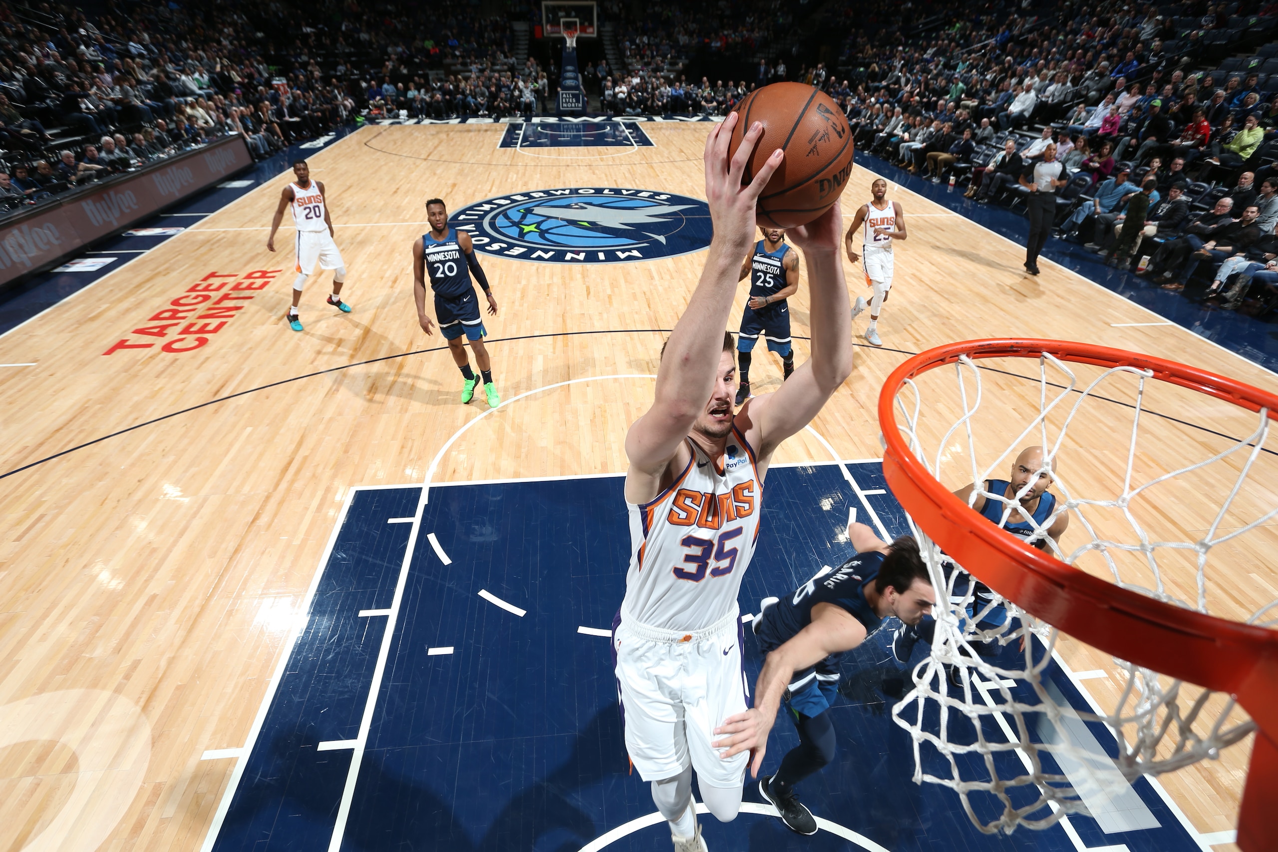 MINNEAPOLIS, MN - JANUARY 20: Dragan Bender #35 of the Phoenix Suns dunks against the Minnesota Timberwolves on January 20, 2019 at Target Center in Minneapolis, Minnesota. NOTE TO USER: User expressly acknowledges and agrees that, by downloading and or MINNEAPOLIS, MN - JANUARY 20: Dragan Bender #35 of the Phoenix Suns dunks against the Minnesota Timberwolves on January 20, 2019 at Target Center in Minneapolis, Minnesota. NOTE TO USER: User expressly acknowledges and agrees that, by downloading and or