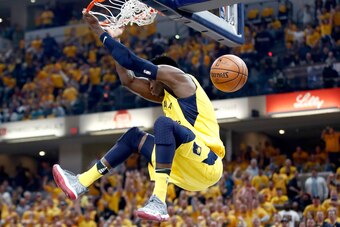 INDIANAPOLIS, IN - APRIL 27:  Victor Oladipo #4 of the Indiana Pacers dunks the ball against the Cleveland Cavaliers in Game Six of the Eastern Conference Quarterfinals during the 2018 NBA Playoffs  at Bankers Life Fieldhouse on April 27, 2018 in Indianap