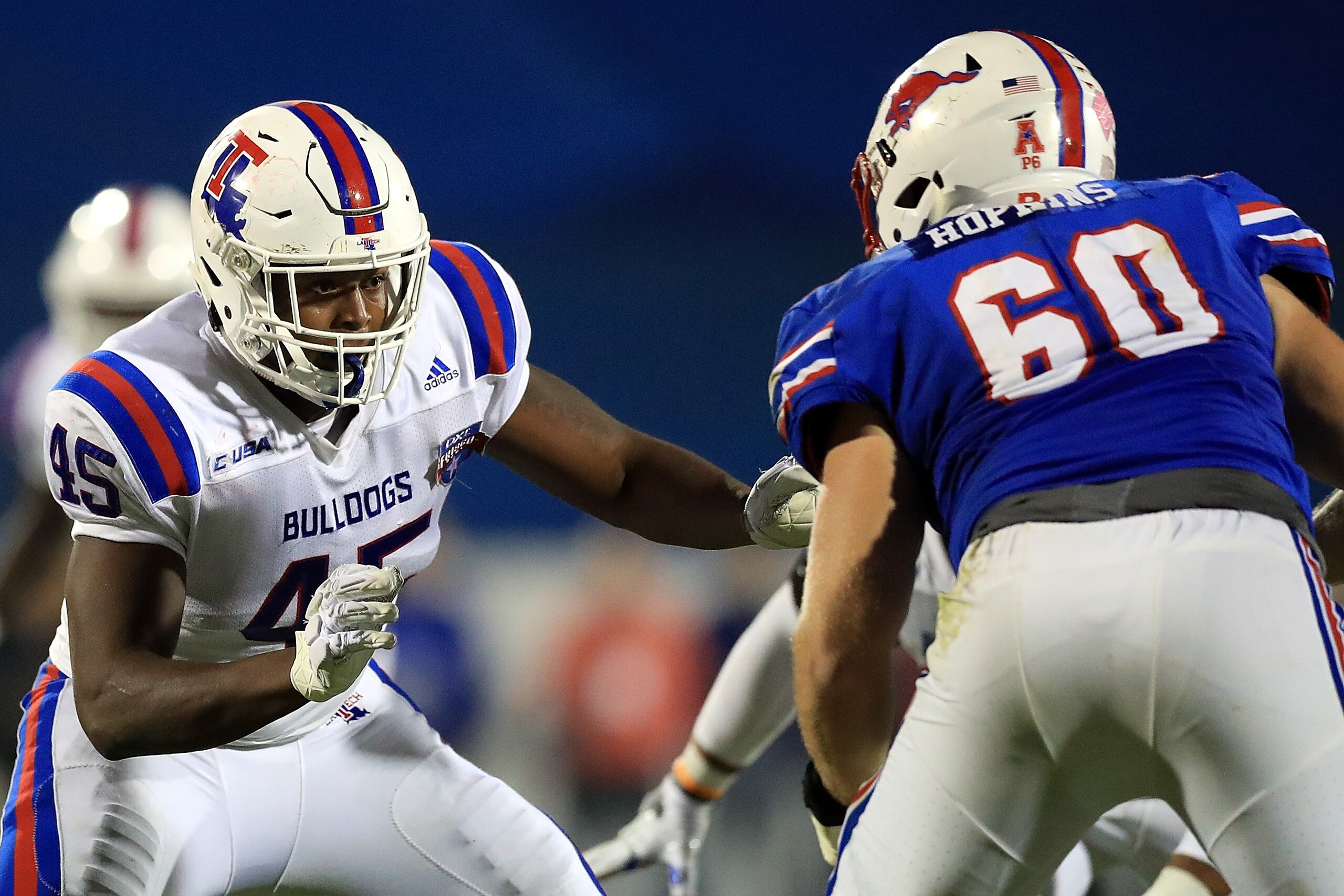 FRISCO, TX - DECEMBER 20:  Jaylon Ferguson #45 of the Louisiana Tech Bulldogs during the 2017 DXL Frisco Bowl on December 20, 2017 in Frisco, Texas.  (Photo by Ronald Martinez/Getty Images)