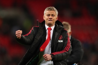 LONDON, ENGLAND - JANUARY 13: Ole Gunnar Solskjaer, Interim Manager of Manchester United celebrates victory after the Premier League match between Tottenham Hotspur and Manchester United at Wembley Stadium on January 13, 2019 in London, United Kingdom. (P