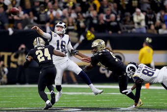 NEW ORLEANS, LOUISIANA - JANUARY 20: Jared Goff #16 of the Los Angeles Rams throws a pass a  in the NFC Championship game at the Mercedes-Benz Superdome on January 20, 2019 in New Orleans, Louisiana. (Photo by Sean Gardner/Getty Images)