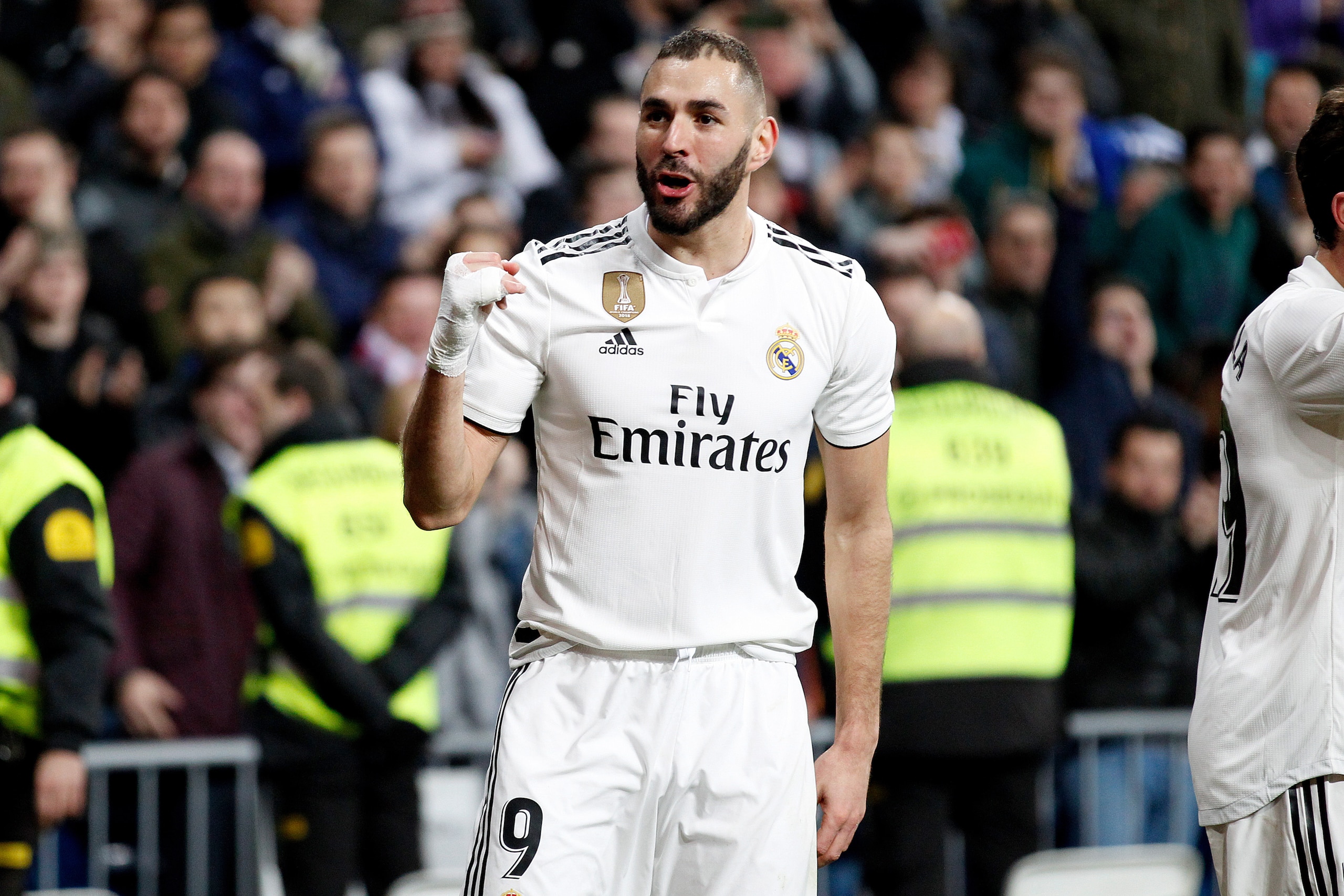 MADRID, SPAIN - JANUARY 24: Karim Benzema of Real Madrid celebrate goal during the Spanish Copa del Rey  match between Real Madrid v Girona at the Santiago Bernabeu on January 24, 2019 in Madrid Spain (Photo by David S. Bustamante/Soccrates/Getty Images)