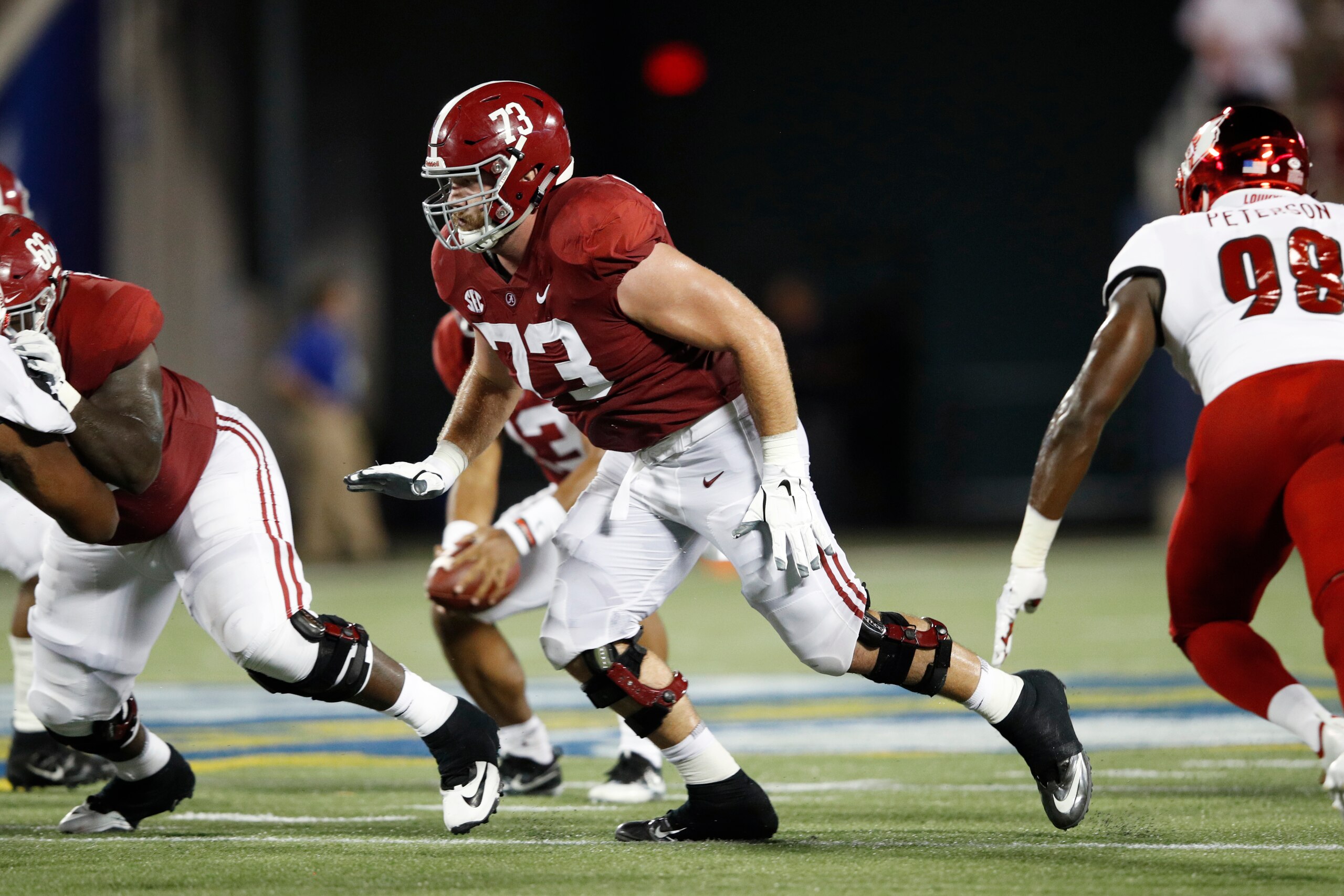ORLANDO, FL - SEPTEMBER 01: Jonah Williams #73 of the Alabama Crimson Tide in action during a game against the Louisville Cardinals at Camping World Stadium on September 1, 2018 in Orlando, Florida. Alabama won 51-14. (Photo by Joe Robbins/Getty Images)
