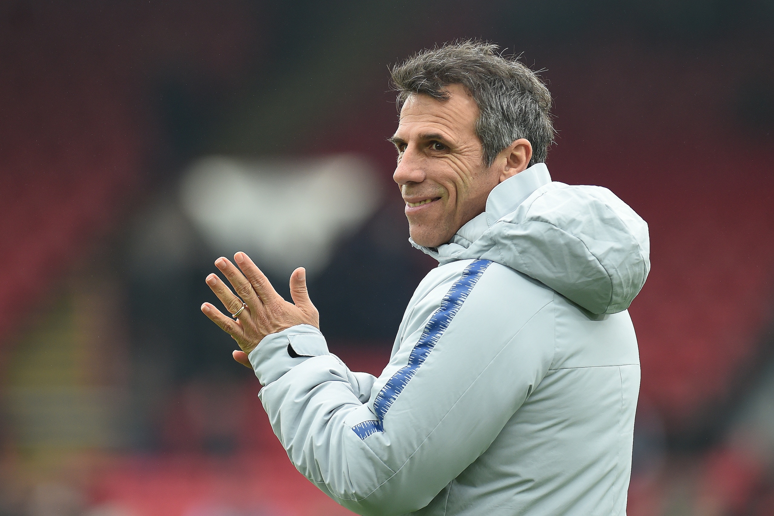 LONDON, ENGLAND - DECEMBER 30: Gianfranco Zola, Assistant Manager of Chelsea applauds fans during the warm up prior to the Premier League match between Crystal Palace and Chelsea FC at Selhurst Park on December 30, 2018 in London, United Kingdom. (Photo b