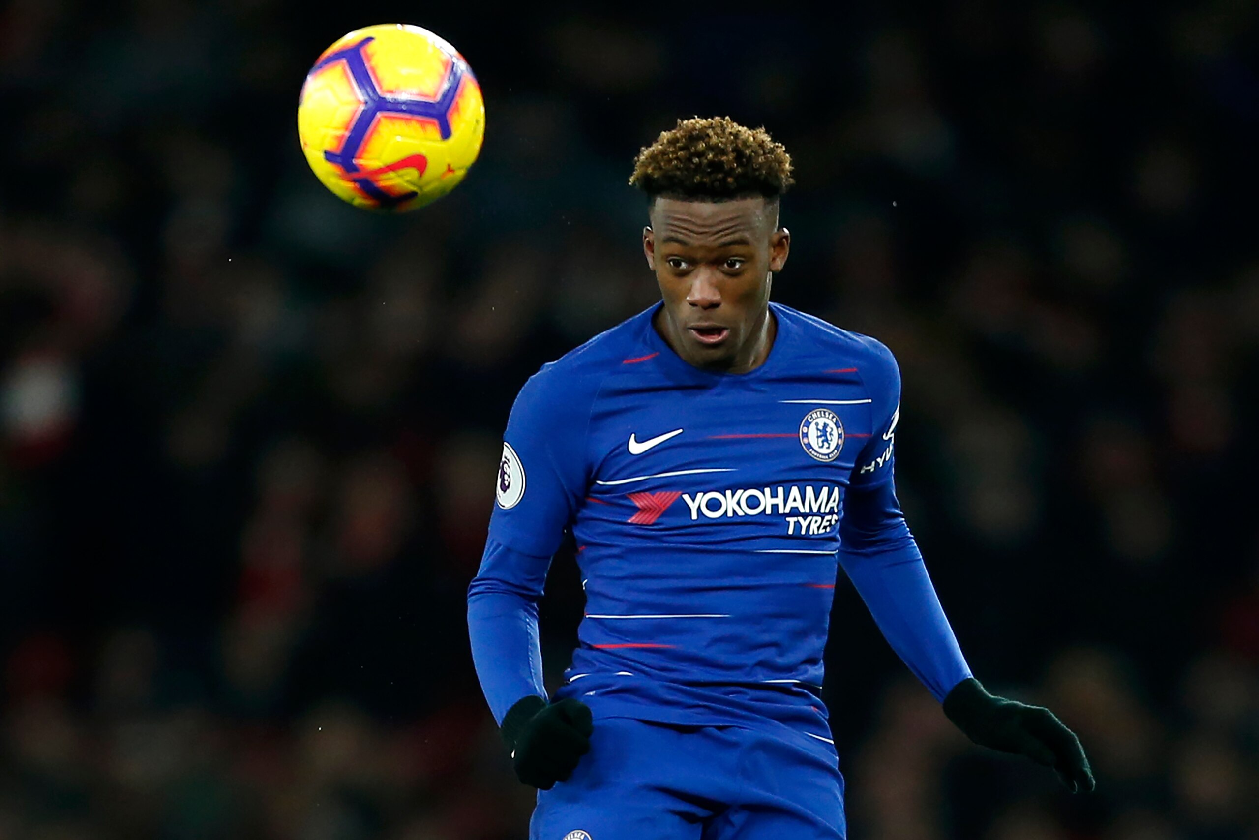 Chelsea's English midfielder Callum Hudson-Odoi heads the ball during the English Premier League football match between Arsenal and Cheslea at the Emirates Stadium in London on January 19, 2019. (Photo by Ian KINGTON / IKIMAGES / AFP) / RESTRICTED TO EDIT