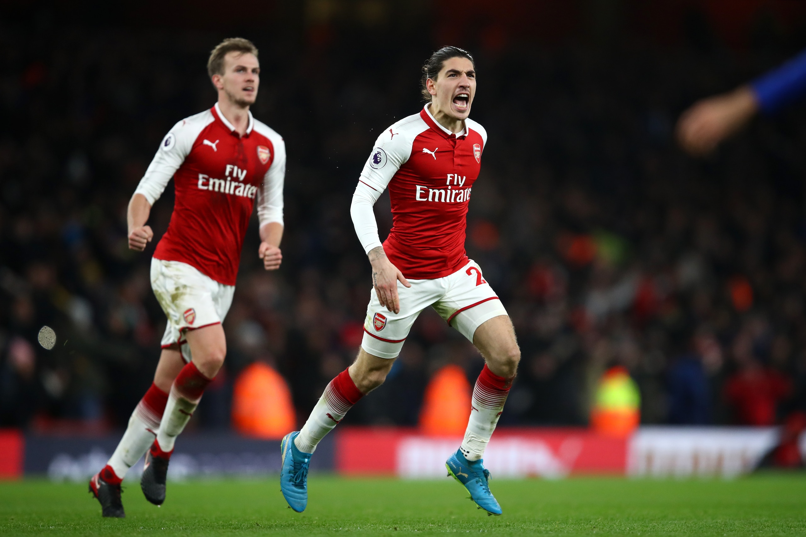 LONDON, ENGLAND - JANUARY 03:  Hector Bellerin of Arsenal celebrates after scoring his sides second goal during the Premier League match between Arsenal and Chelsea at Emirates Stadium on January 3, 2018 in London, England.  (Photo by Julian Finney/Getty 