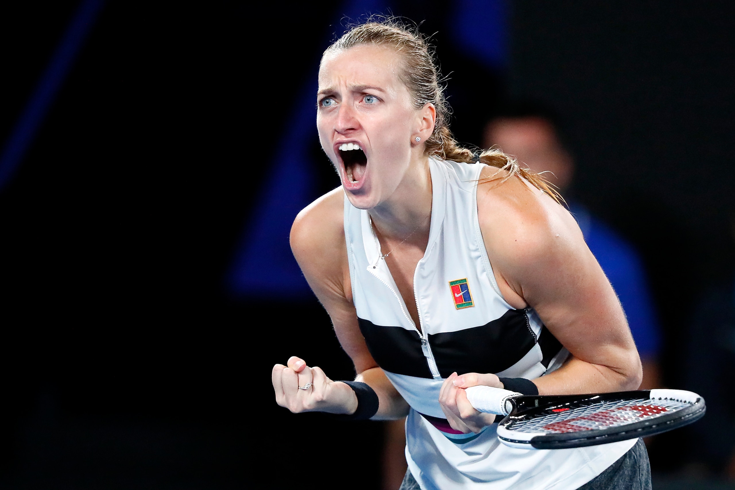 Czech Republic's Petra Kvitova reacts after a point against Japan's Naomi Osaka during the women's singles final on day 13 of the Australian Open tennis tournament in Melbourne on January 26, 2019. (Photo by DAVID GRAY / AFP) / -- IMAGE RESTRICTED TO EDIT Czech Republic's Petra Kvitova reacts after a point against Japan's Naomi Osaka during the women's singles final on day 13 of the Australian Open tennis tournament in Melbourne on January 26, 2019. (Photo by DAVID GRAY / AFP) / -- IMAGE RESTRICTED TO EDIT