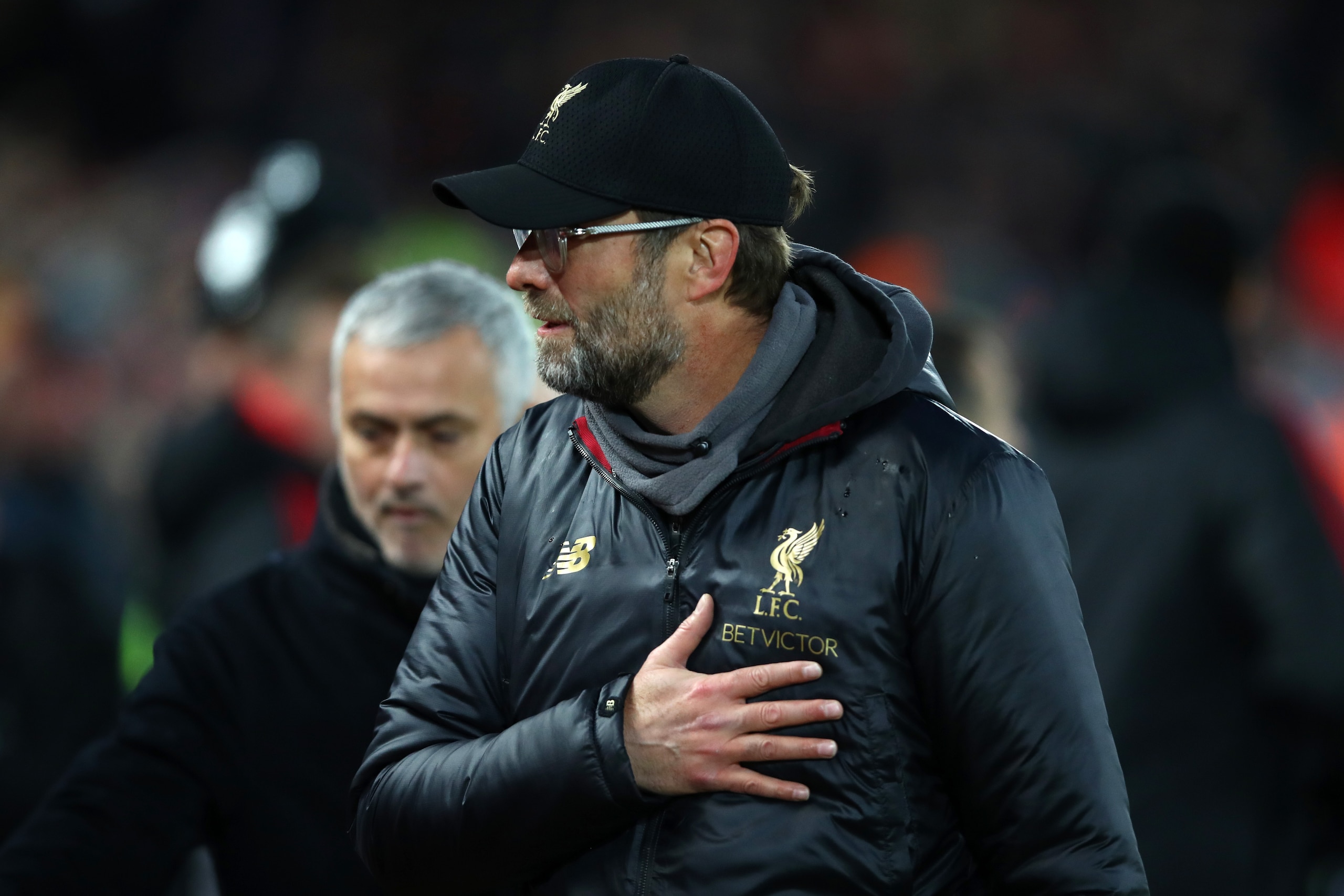 LIVERPOOL, ENGLAND - DECEMBER 16:  Jurgen Klopp, Manager of Liverpool and Jose Mourinho, Manager of Manchester United looks on prior to the Premier League match between Liverpool FC and Manchester United at Anfield on December 16, 2018 in Liverpool, Unite