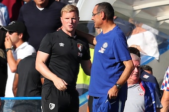 LONDON, ENGLAND - SEPTEMBER 01:  Eddie Howe, Manager of AFC Bournemouth and Maurizio Sarri, Manager of Chelsea speak following the Premier League match between Chelsea FC and AFC Bournemouth at Stamford Bridge on September 1, 2018 in London, United Kingdo