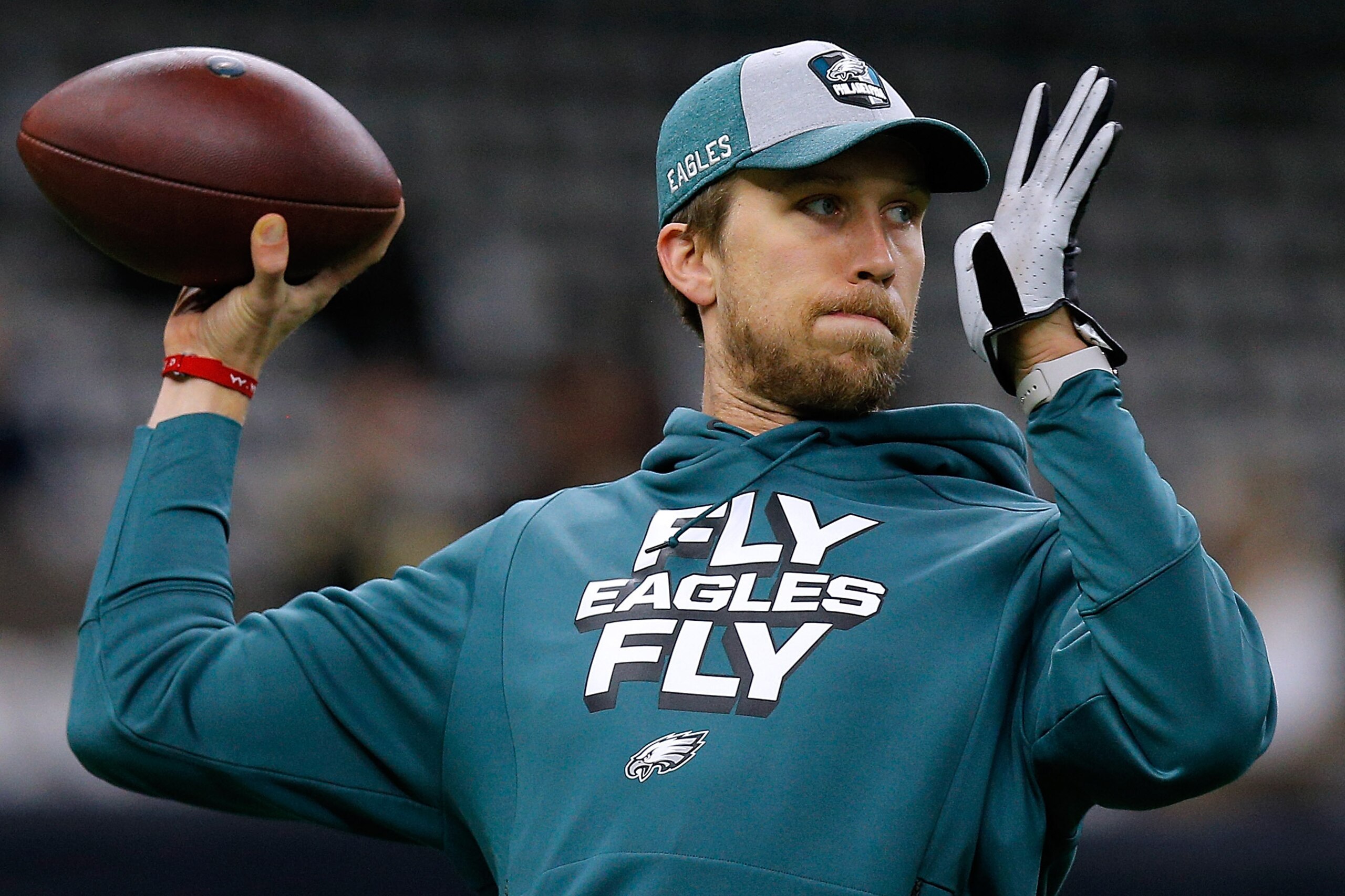 NEW ORLEANS, LOUISIANA - JANUARY 13: Nick Foles #9 of the Philadelphia Eagles warms up before the NFC Divisional Playoff against the New Orleans Saints at the Mercedes Benz Superdome on January 13, 2019 in New Orleans, Louisiana. (Photo by Jonathan Bachma
