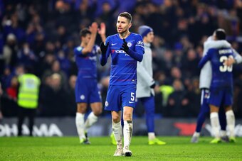 LONDON, ENGLAND - JANUARY 24: Jorginho of Chelsea celebrates after his side won in the penalty shootout during the Carabao Cup Semi-Final Second Leg match between Chelsea and Tottenham Hotspur at Stamford Bridge on January 24, 2019 in London, England.  (P
