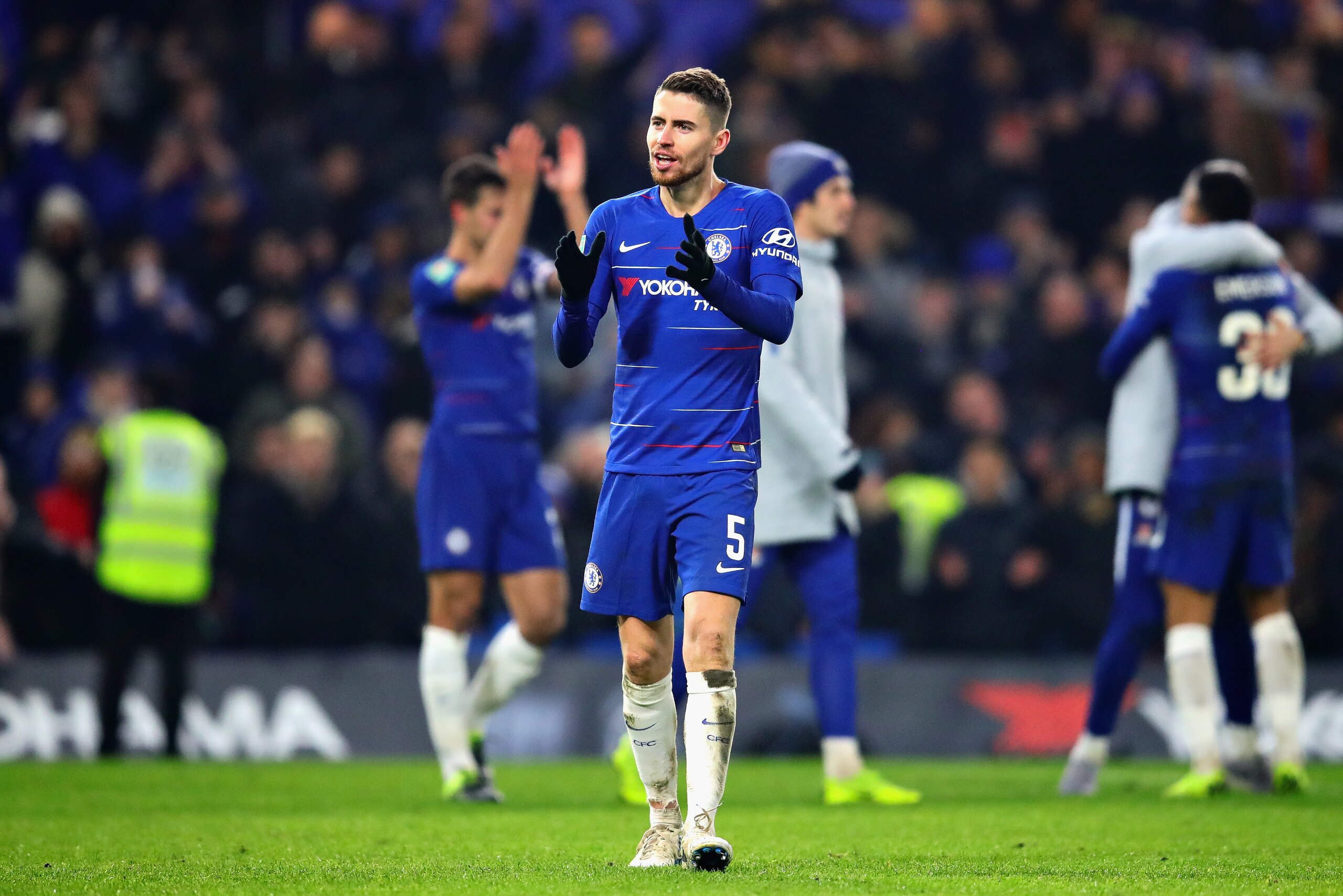 LONDON, ENGLAND - JANUARY 24: Jorginho of Chelsea celebrates after his side won in the penalty shootout during the Carabao Cup Semi-Final Second Leg match between Chelsea and Tottenham Hotspur at Stamford Bridge on January 24, 2019 in London, England.  (P