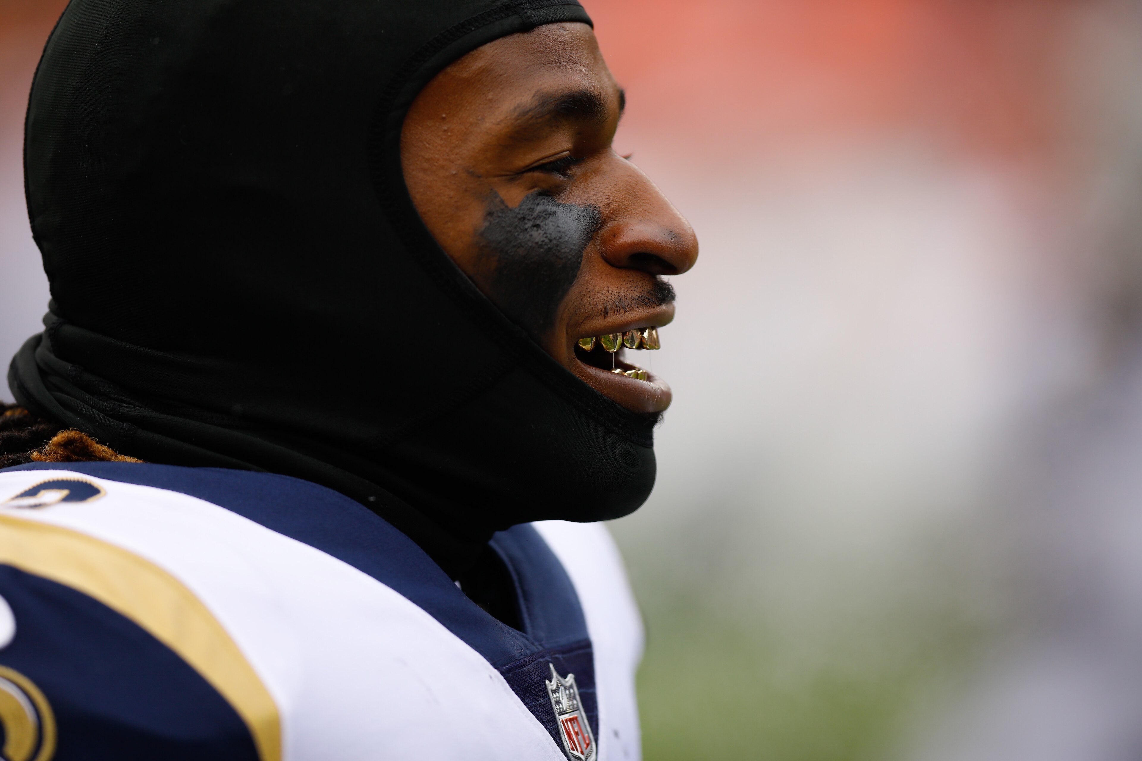 DENVER, CO - OCTOBER 14:  Cornerback Nickell Robey-Coleman #23 of the Los Angeles Rams sports a pair of gold teeth before a game against the Denver Broncos at Broncos Stadium at Mile High on October 14, 2018 in Denver, Colorado. (Photo by Justin Edmonds/G