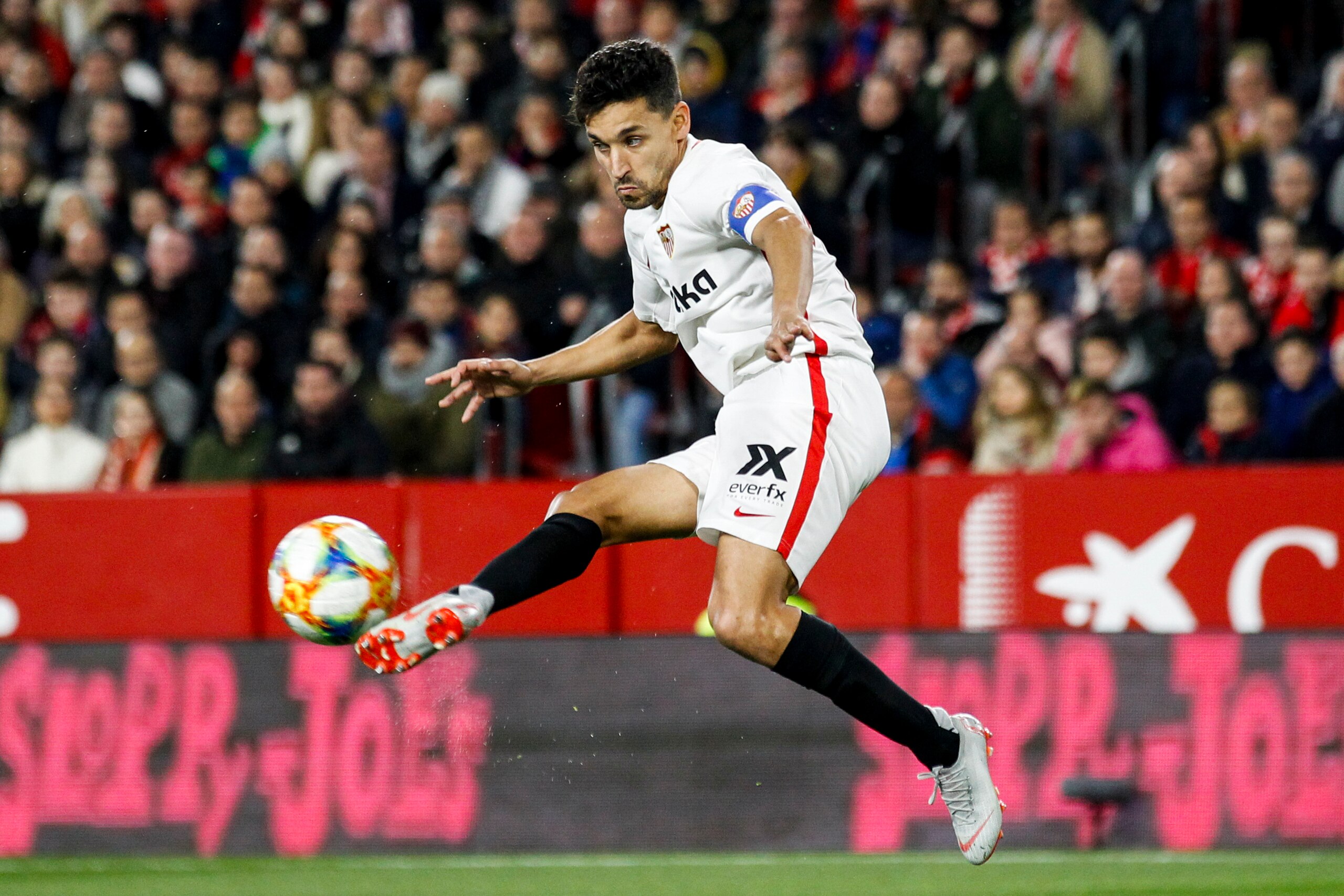 SEVILLA, SPAIN - JANUARY 23: Jesus Navas of Sevilla FC during the Spanish Copa del Rey  match between Sevilla v FC Barcelona at the Estadio Ramon Sanchez Pizjuan on January 23, 2019 in Sevilla Spain (Photo by David S. Bustamante/Soccrates/Getty Images)