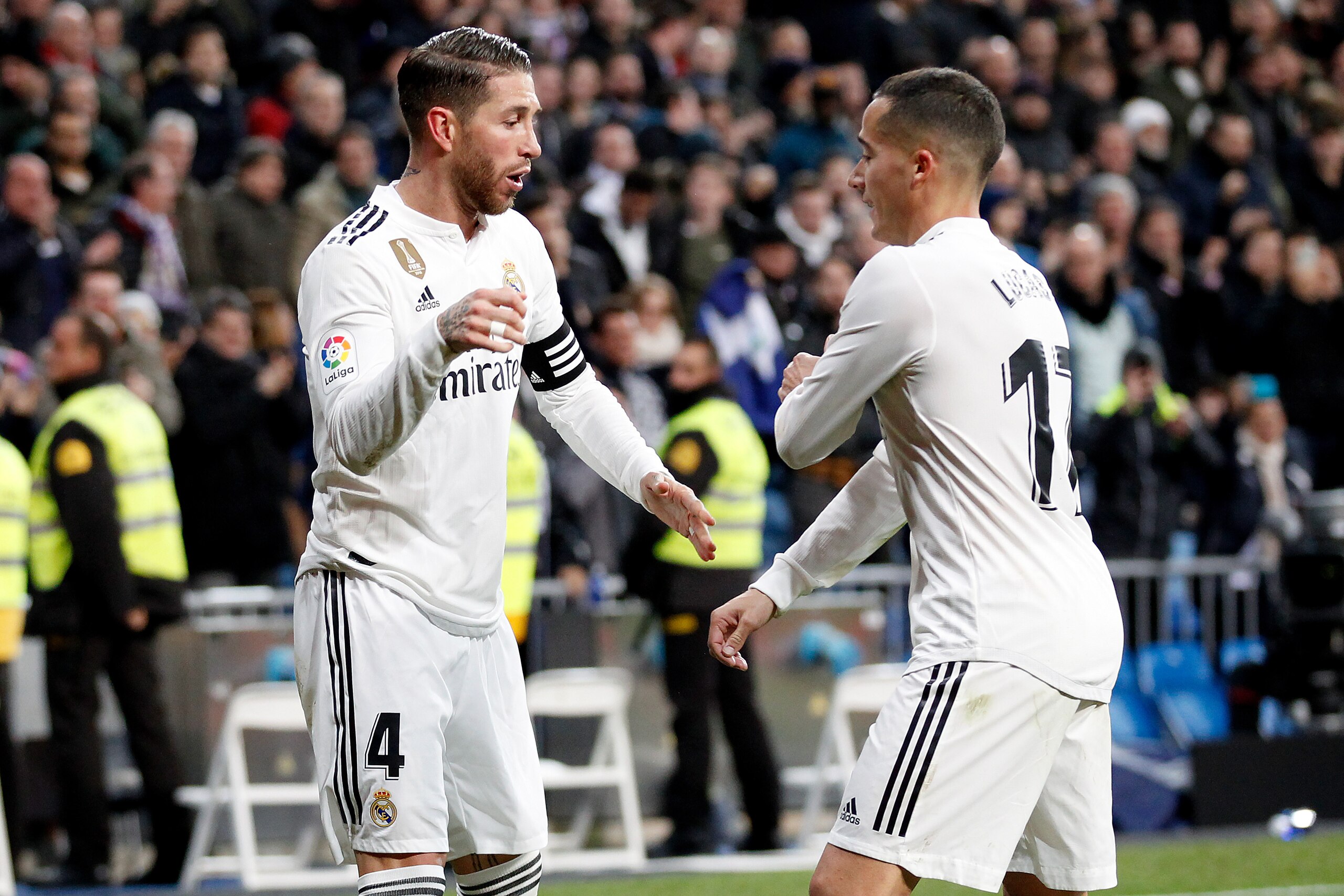 MADRID, SPAIN - JANUARY 24: (L-R) Sergio Ramos of Real Madrid, Lucas Vazquez of Real Madrid celebrate goal during the Spanish Copa del Rey match between Real Madrid v Girona at the Santiago Bernabeu on January 24, 2019 in Madrid Spain (Photo by David S. MADRID, SPAIN - JANUARY 24: (L-R) Sergio Ramos of Real Madrid, Lucas Vazquez of Real Madrid celebrate goal during the Spanish Copa del Rey match between Real Madrid v Girona at the Santiago Bernabeu on January 24, 2019 in Madrid Spain (Photo by David S.
